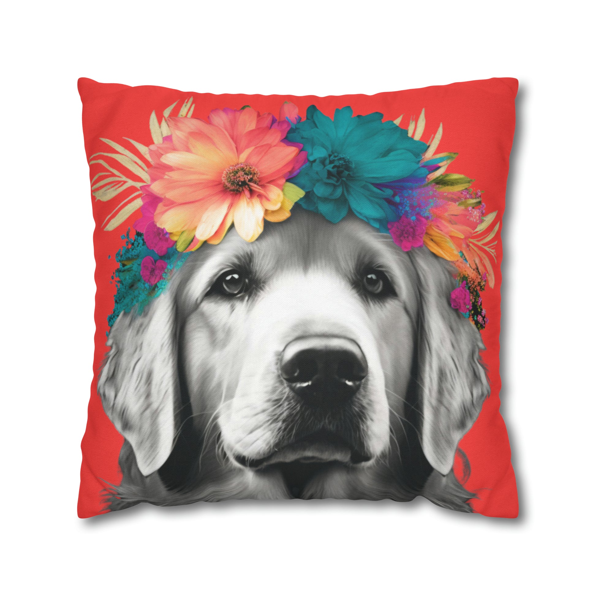 A Coral Bliss pillowcase featuring a tropical Golden Retriever design, perfect for adding a touch of paradise to your home decor.