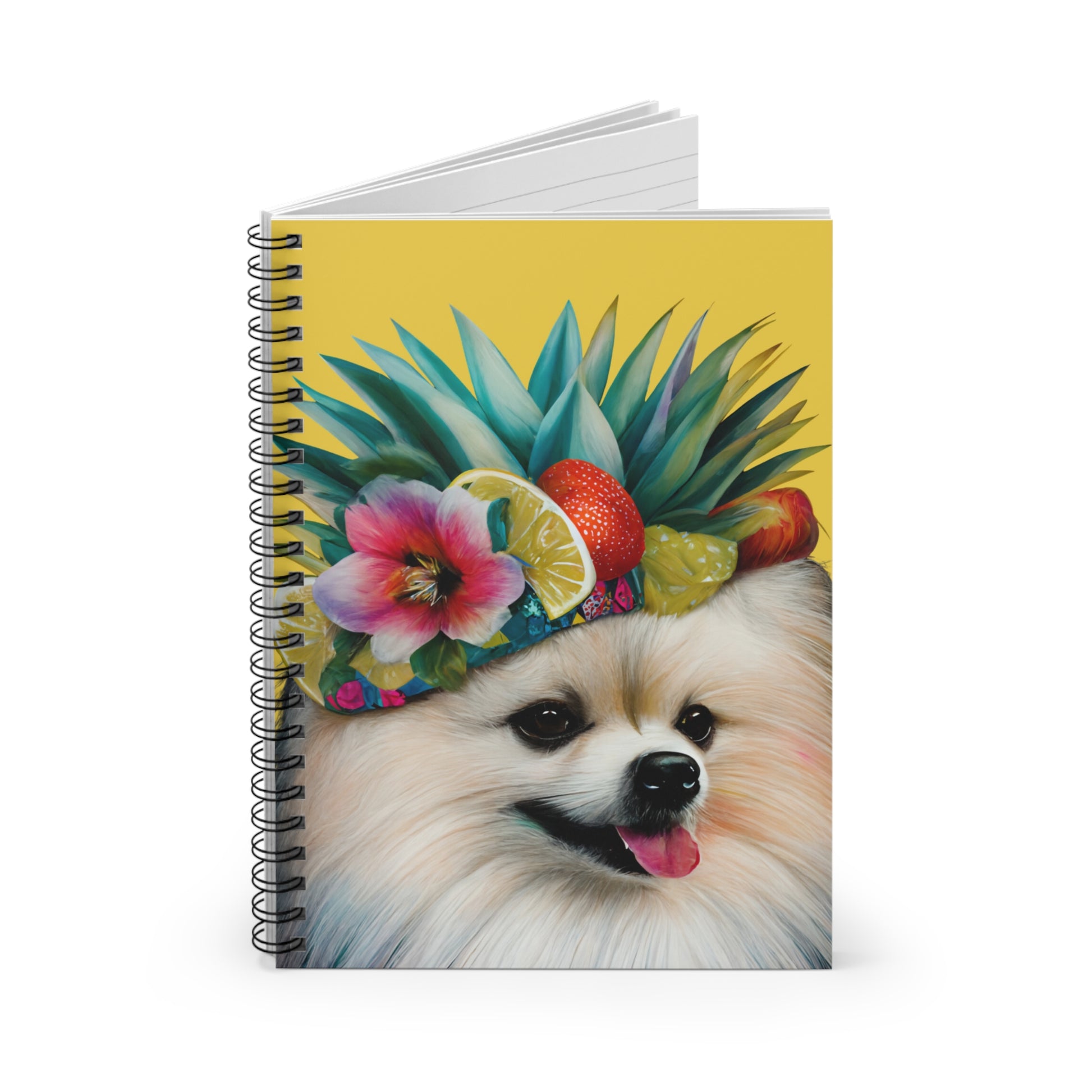 A bright and lively notebook cover featuring a Vibrant Pomeranian against a sunny yellow background, perfect for adding cheer to your note-taking.