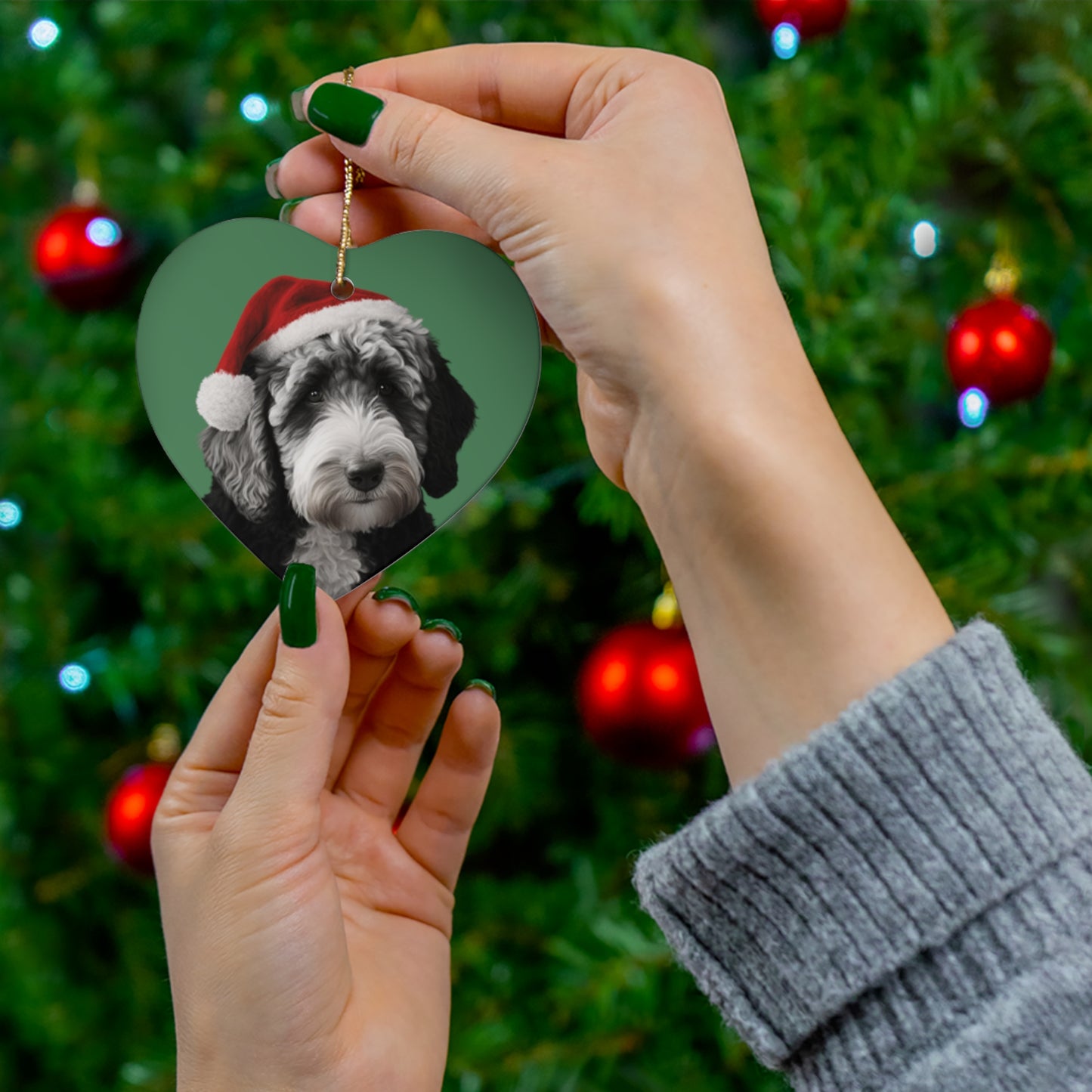 A festive Labradoodle Christmas tree ornament, beautifully crafted to bring the joyous spirit of the breed to your holiday decorations