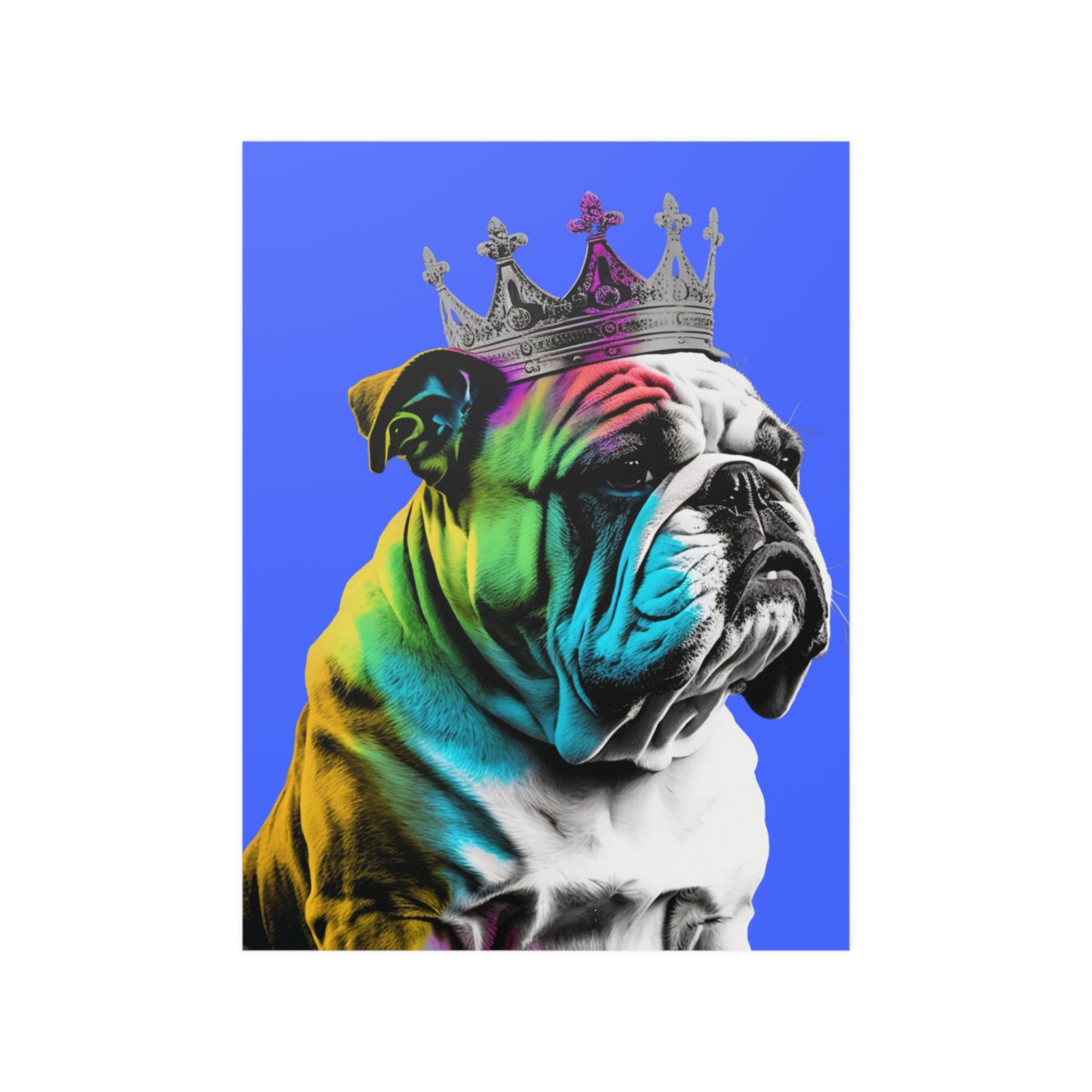 A British Bulldog portrayed in PopArt style, featuring bold outlines and colors on a vibrant blue background that captures the breed's distinctive character.