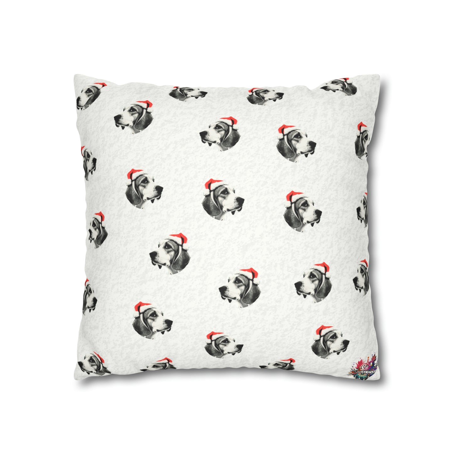 Festive Beagle Bliss Christmas Cushion Cover on White Faux Suede