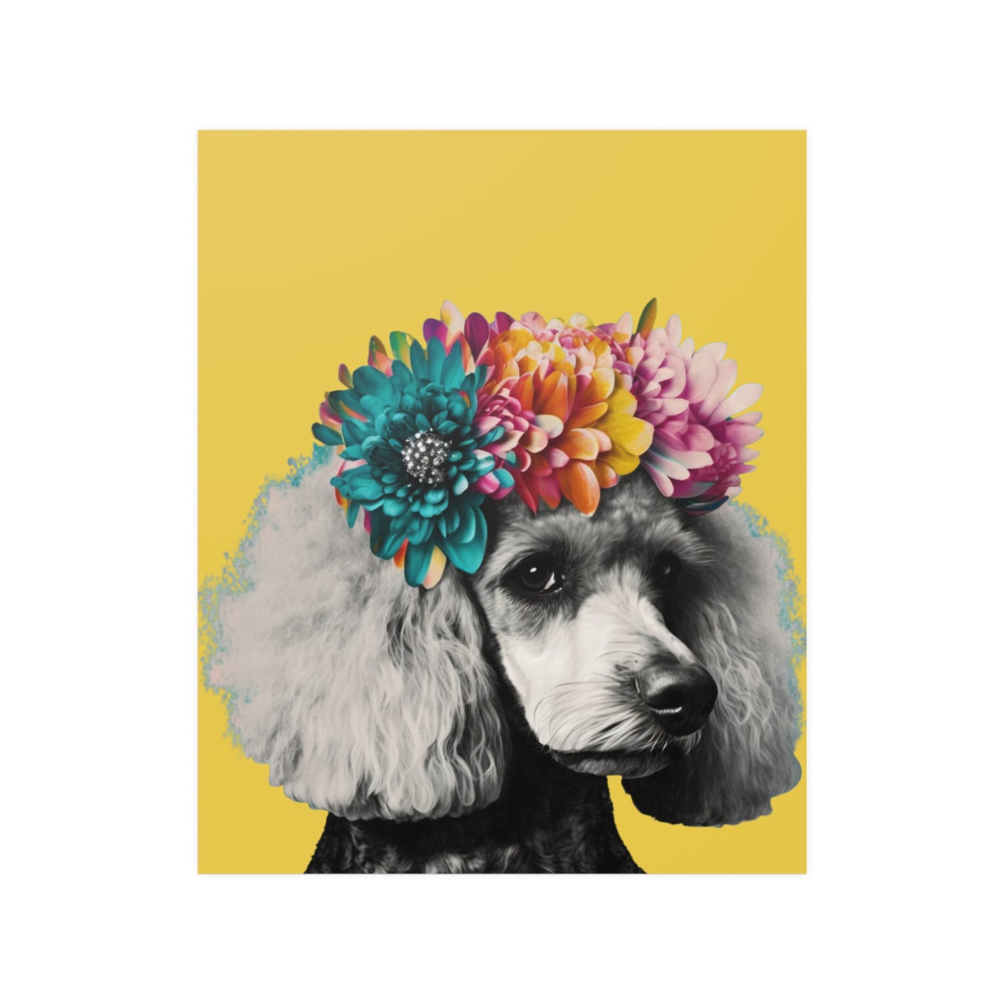 A vibrant poster featuring a PopArt-style poodle on a bright yellow background, ideal for adding a playful and artistic flair to any room's decor