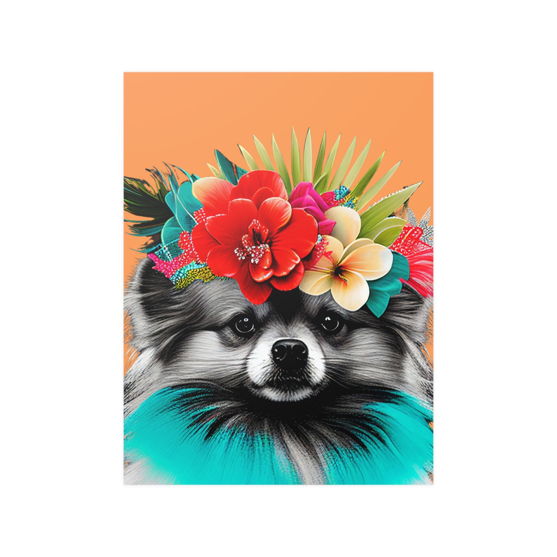 Poster of a fluffy Pomeranian dog surrounded by tropical foliage and flowers, set against a bright orange background that evokes a sunny, island atmosphere.