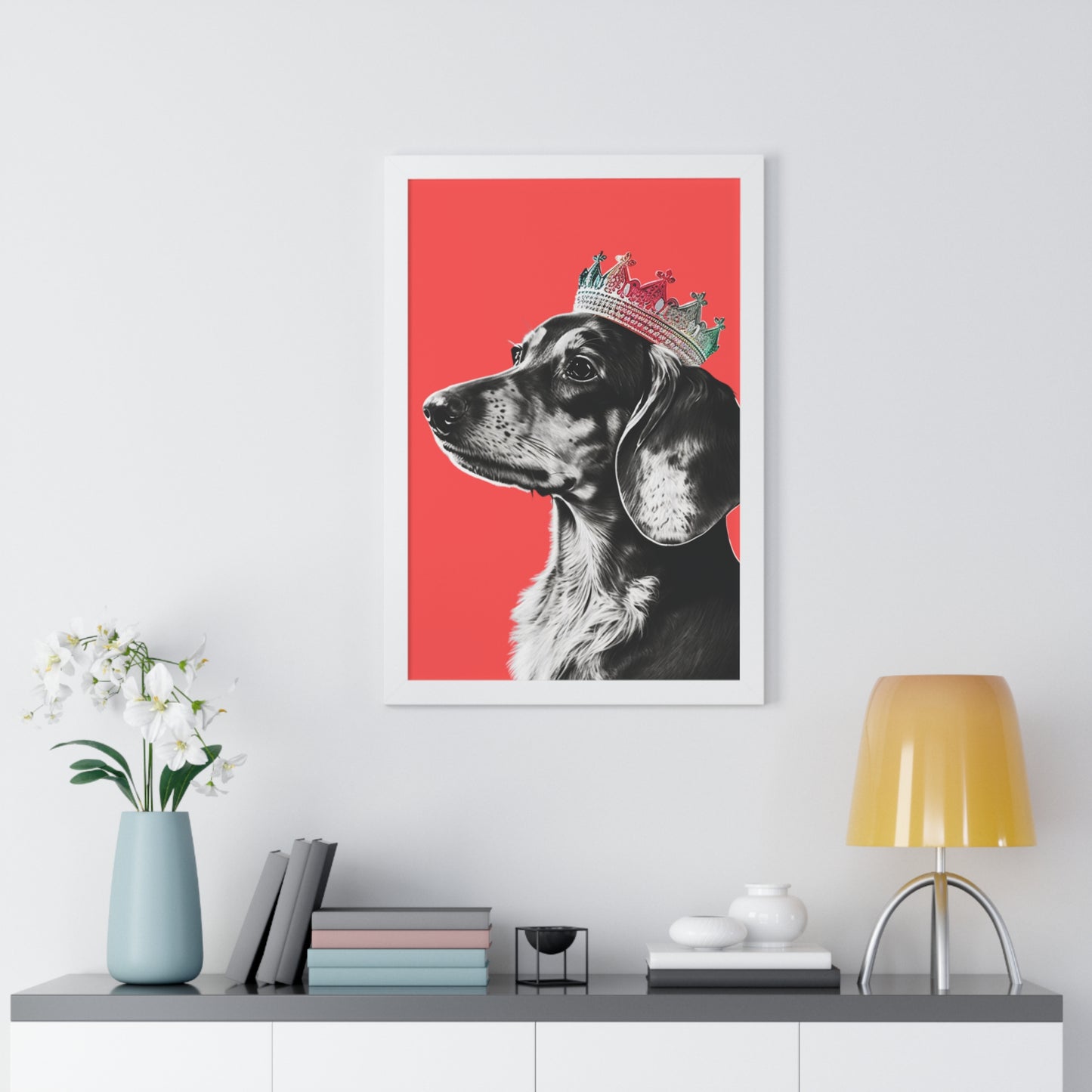 Dachshund on Coral Framed Art Print - Choice of White, Black, or Walnut Frame