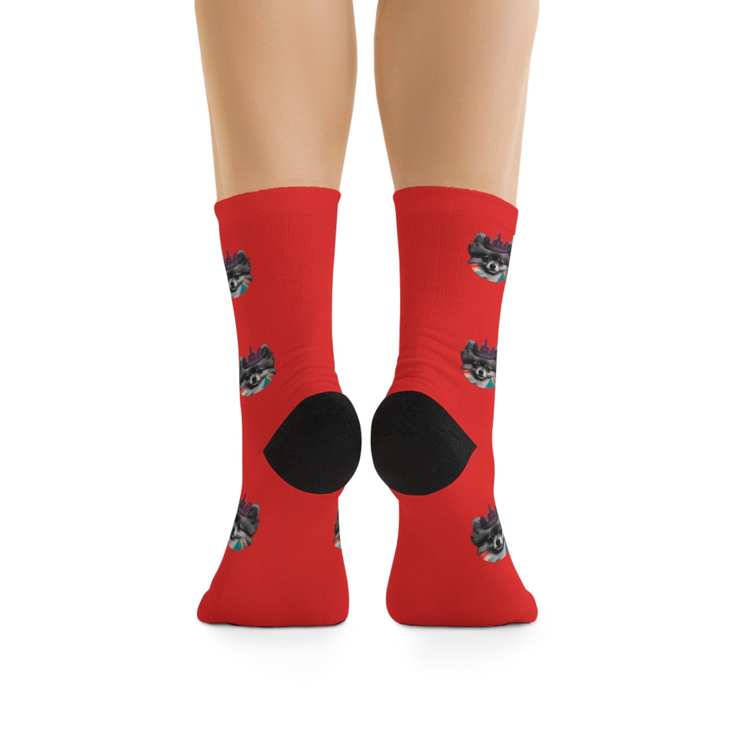 👑 Regal Pomeranian Elegance: Black and White Pomeranian Crown on Red Novelty Socks 🧦