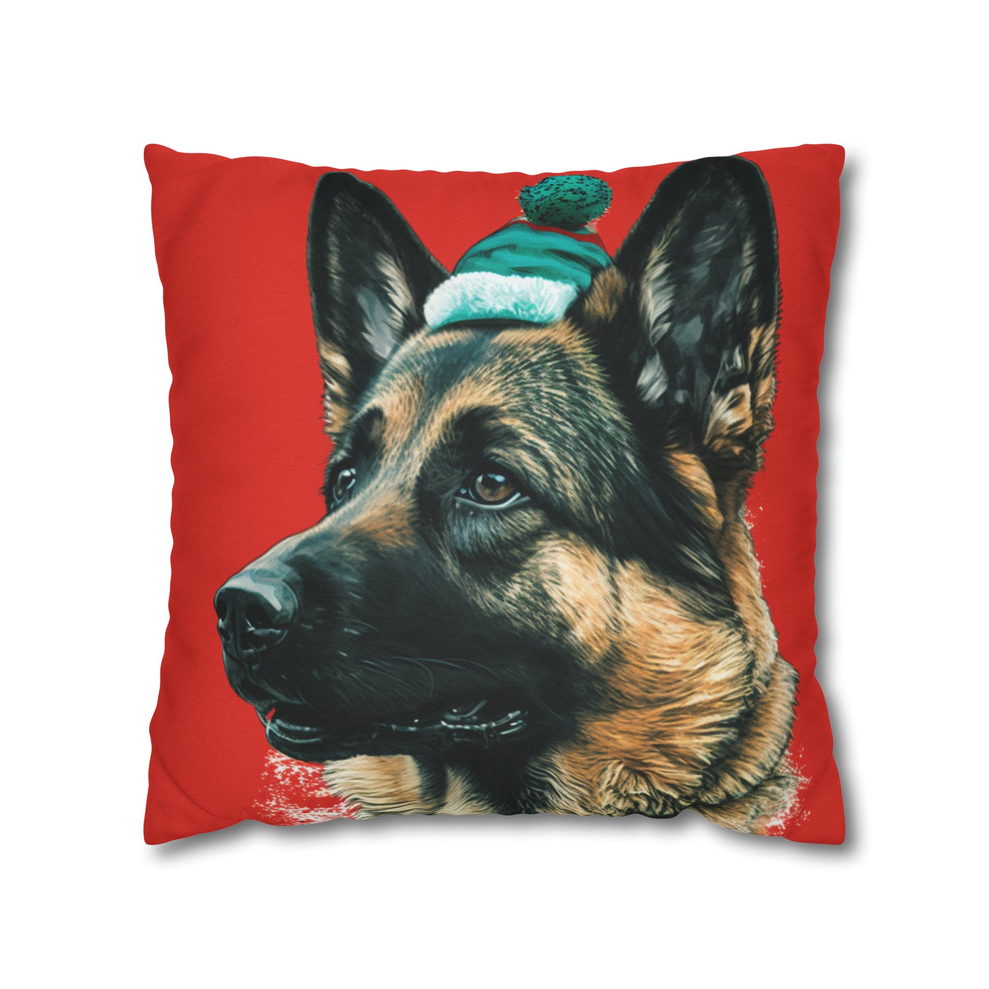 Festive German Shepherd Xmas Cushion on Red and White - A charming holiday cushion cover featuring a majestic German Shepherd in a festive Christmas setting against a backdrop of classic red and white, perfect for adding holiday spirit to your home decor.