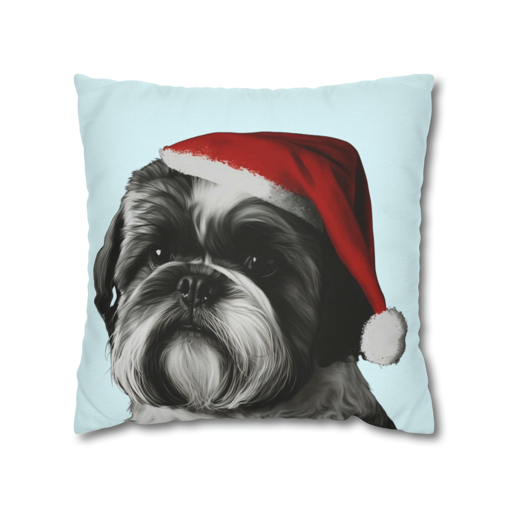 A festive Shih Tzu on a baby blue Christmas cushion cover, featuring an adorable Shih Tzu dog surrounded by holiday elements, perfect for adding seasonal charm to your home decor.