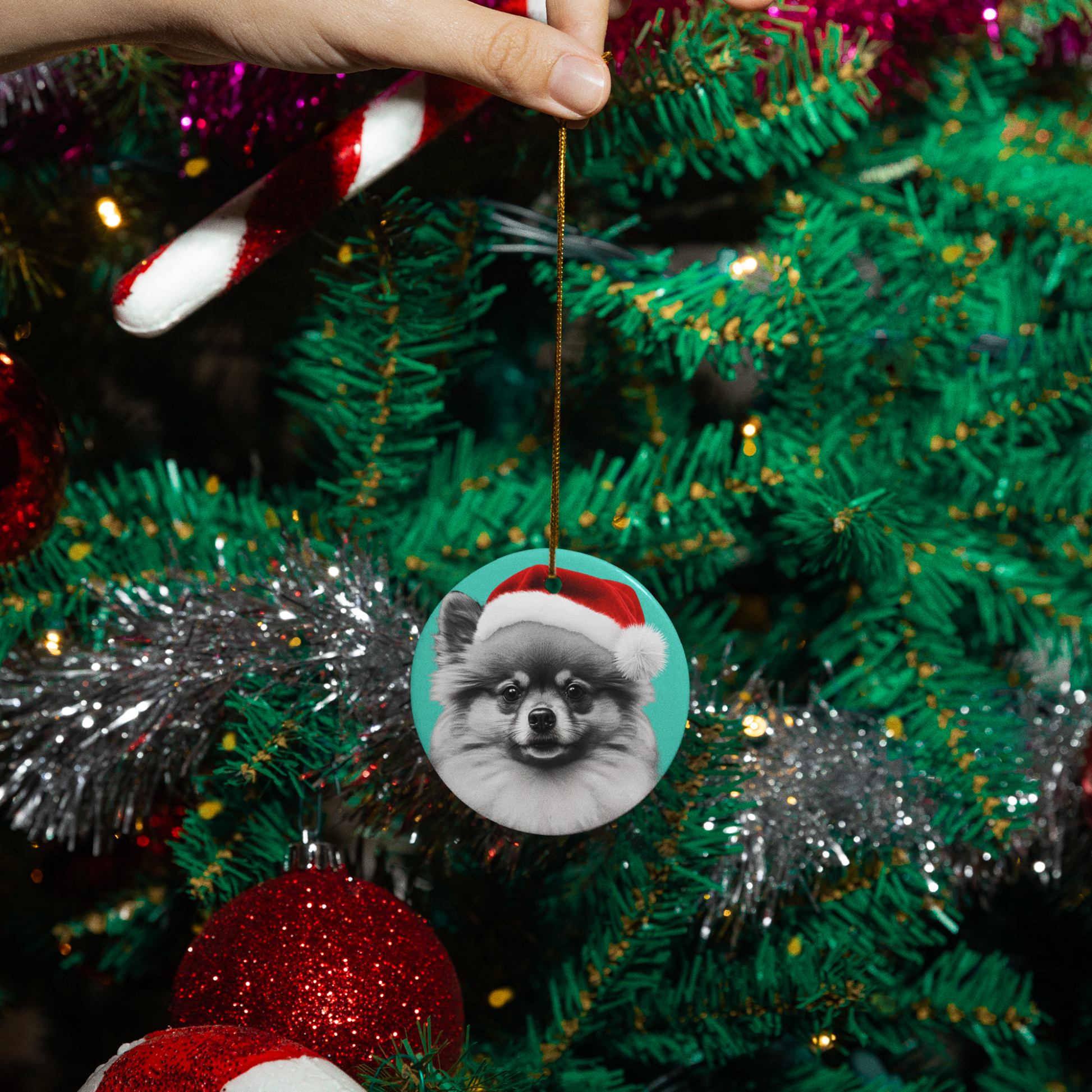 A charming Christmas tree ornament shaped like a Pomeranian, complete with festive decorations, ready to bring holiday spirit to your home