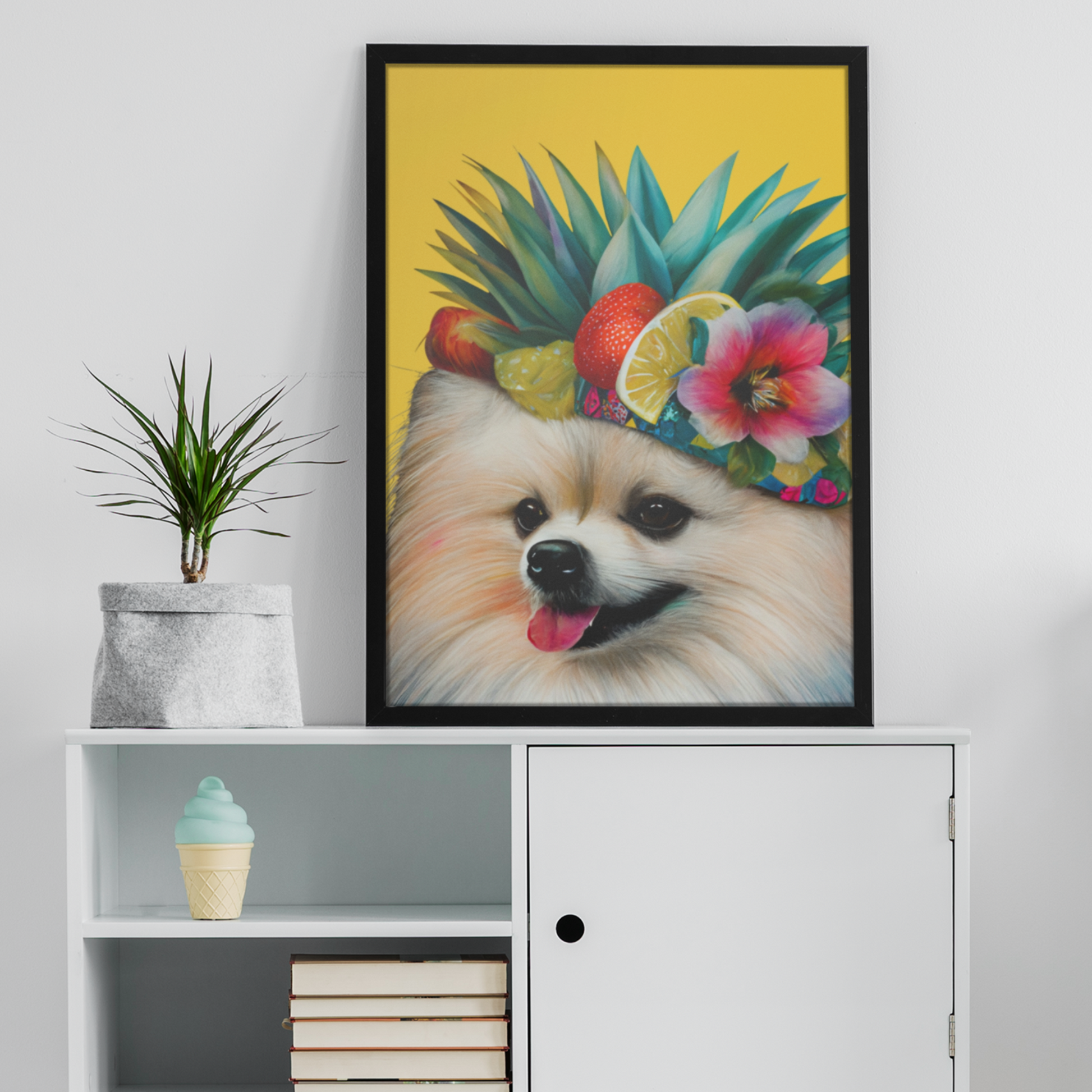 A brightly colored Pomeranian dog illustrated with a kaleidoscope of vibrant hues, set against a vivid yellow background on a high-quality poster print.