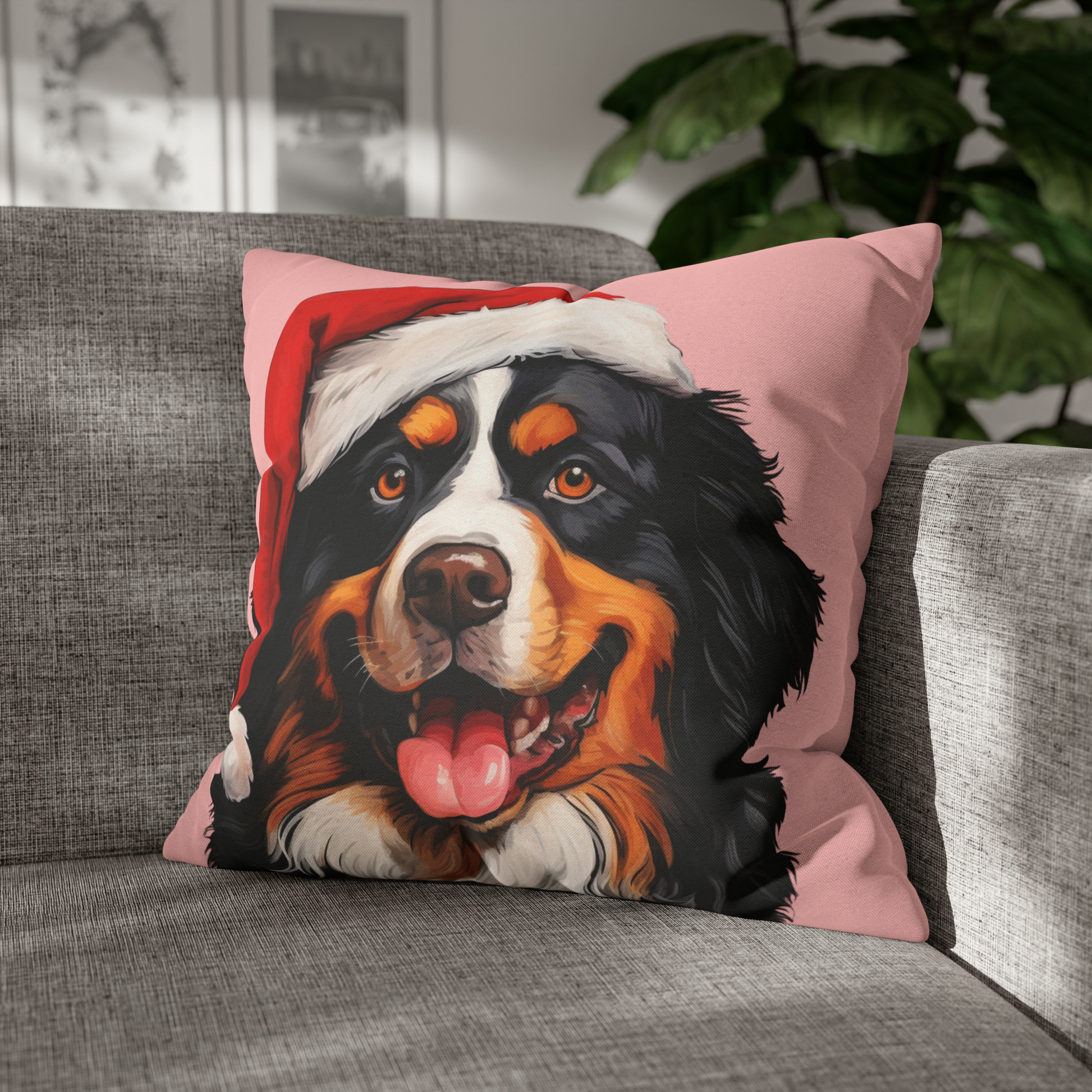 A festive Bernese Mountain Dog Christmas cushion cover featuring a beautiful Bernese Mountain Dog in a holiday setting, perfect for adding holiday charm to your home decor.