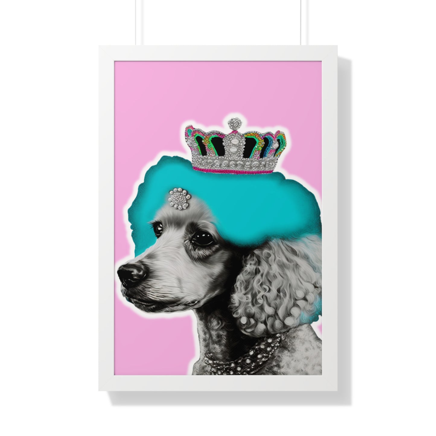 Framed Crowned Pop Art Poodle Print on Pink - Choose Walnut, White, or Black Frame