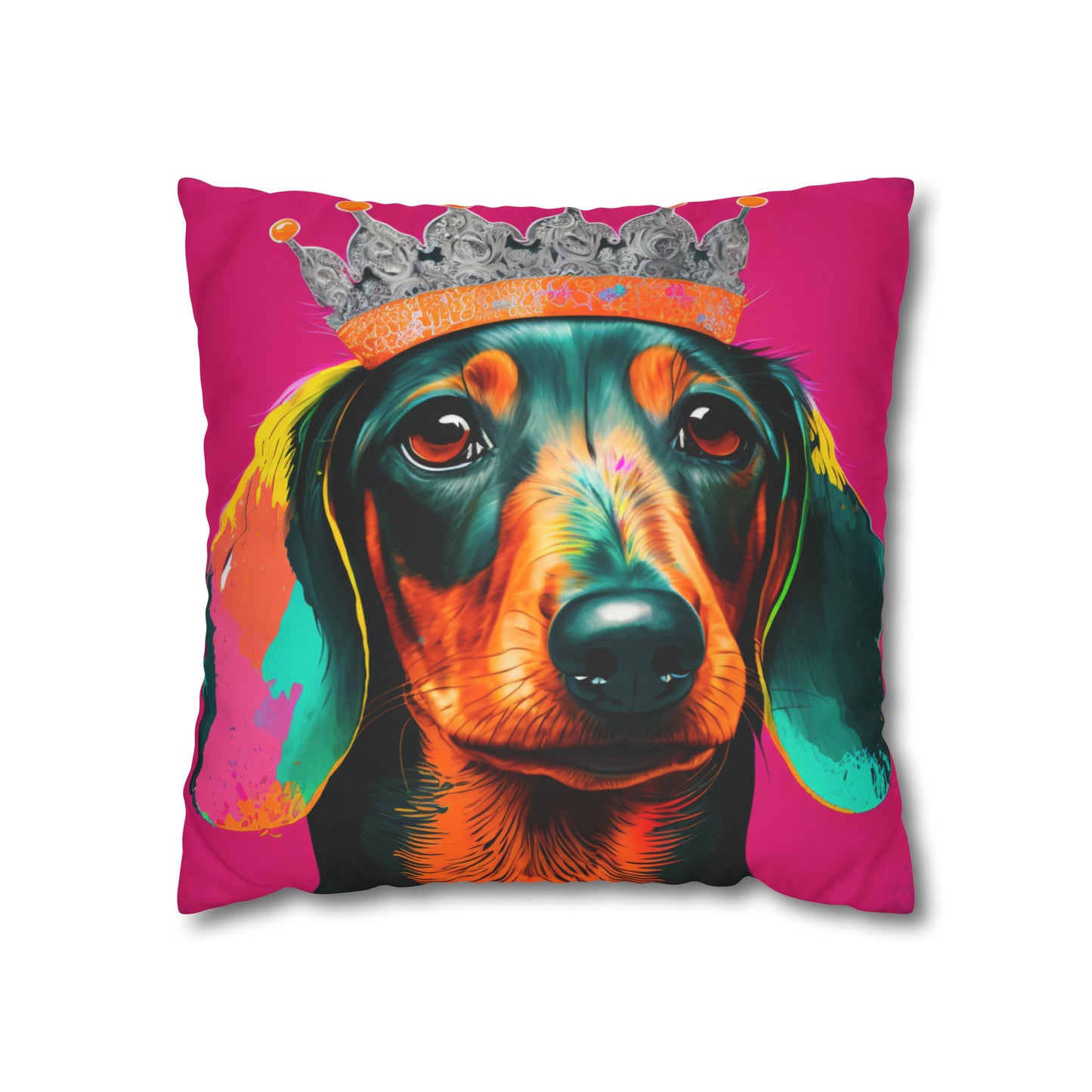 Vibrant Pop Art Crowned Dachshund - Faux Suede Wall Art: A playful and colorful Dachshund adorned with a crown, perfect for adding a touch of whimsy to your home decor.