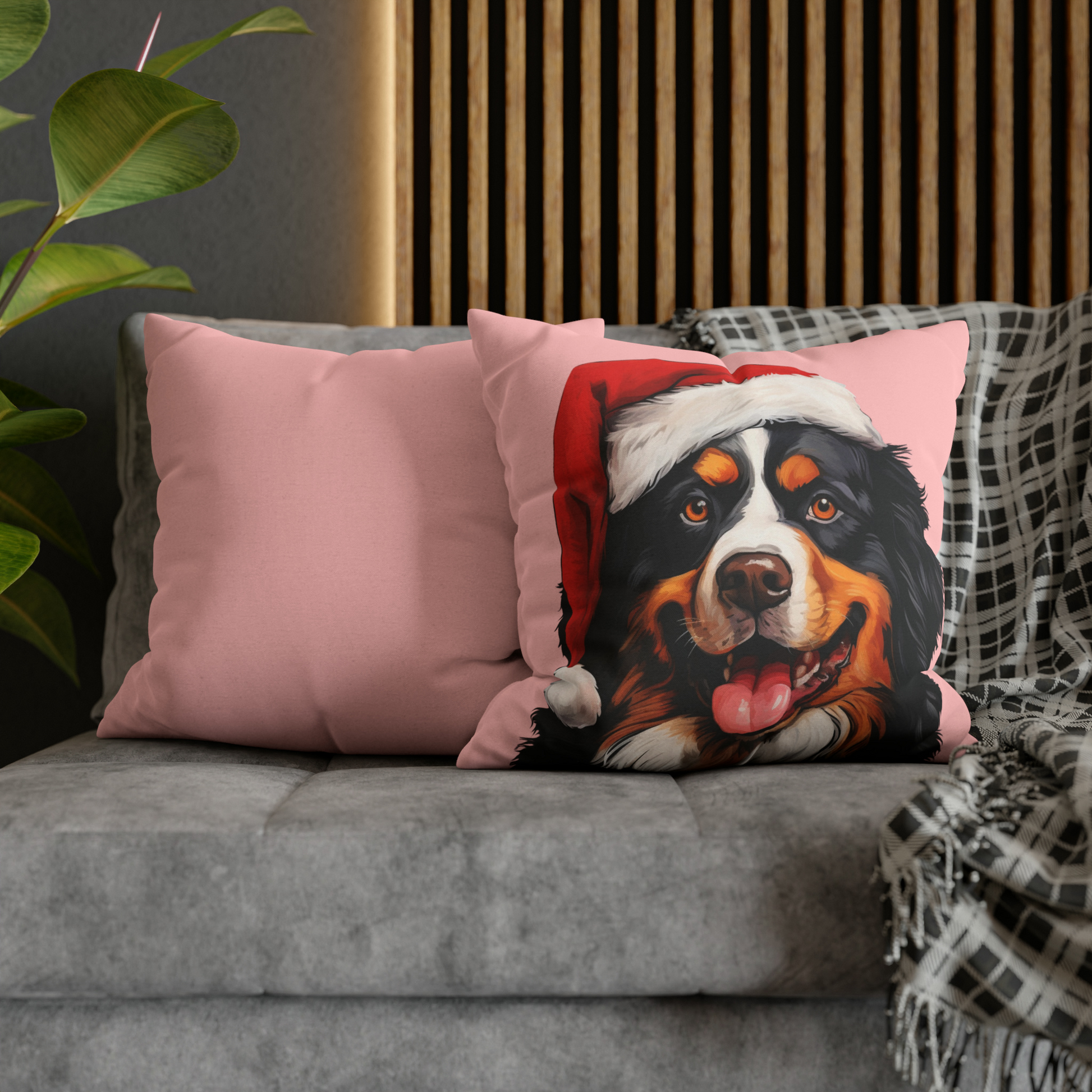 A festive Bernese Mountain Dog Christmas cushion cover featuring a beautiful Bernese Mountain Dog in a holiday setting, perfect for adding holiday charm to your home decor.