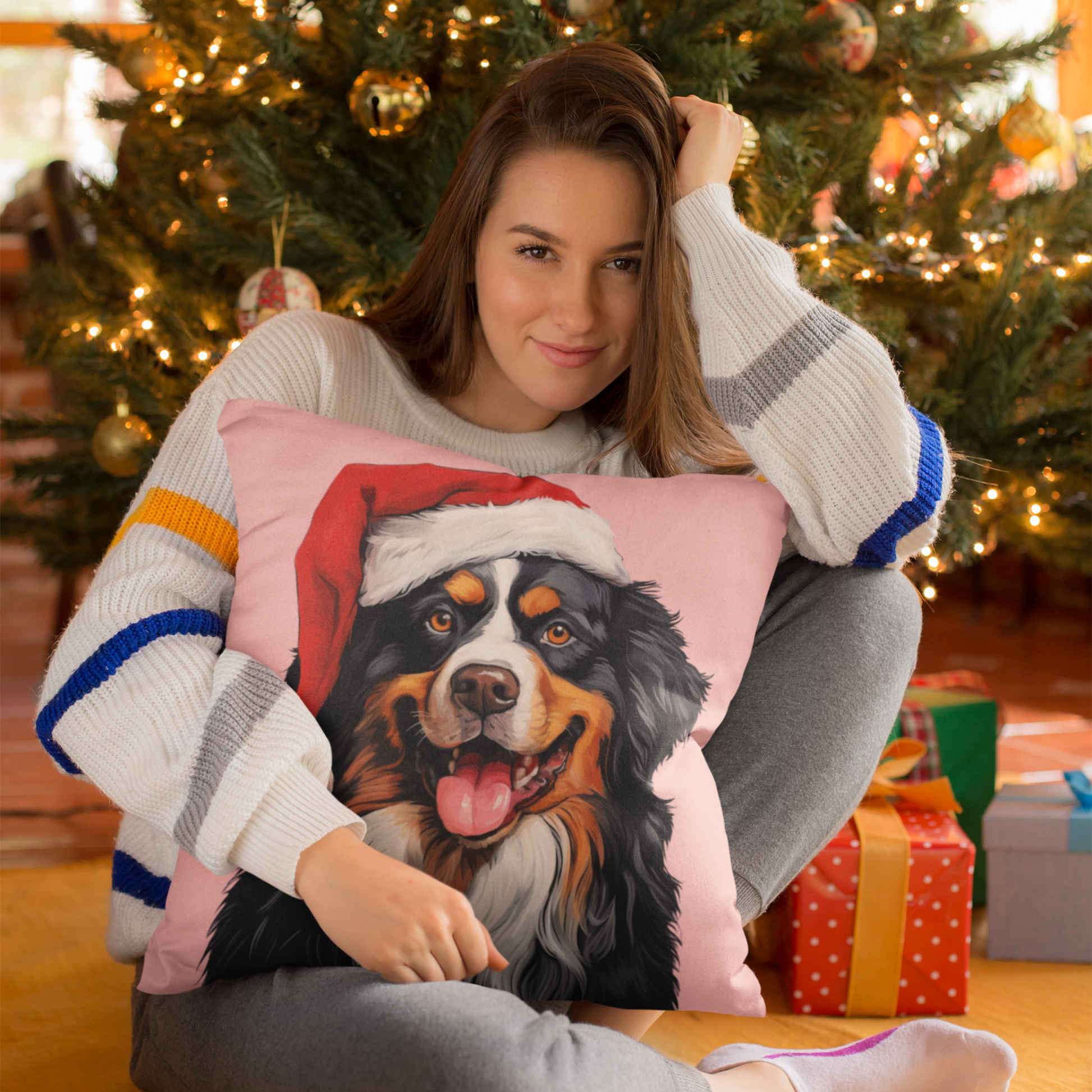 A festive Bernese Mountain Dog Christmas cushion cover featuring a beautiful Bernese Mountain Dog in a holiday setting, perfect for adding holiday charm to your home decor.