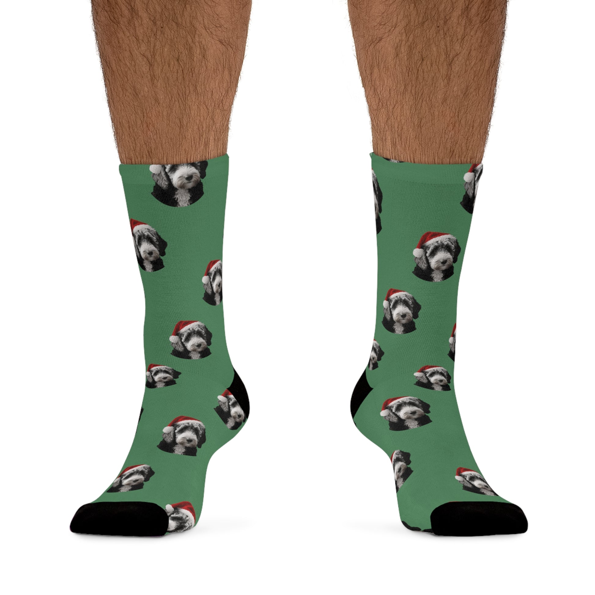 Cozy Christmas socks featuring a Labradoodle in festive attire, perfect for adding a touch of holiday cheer and warmth to your feet.