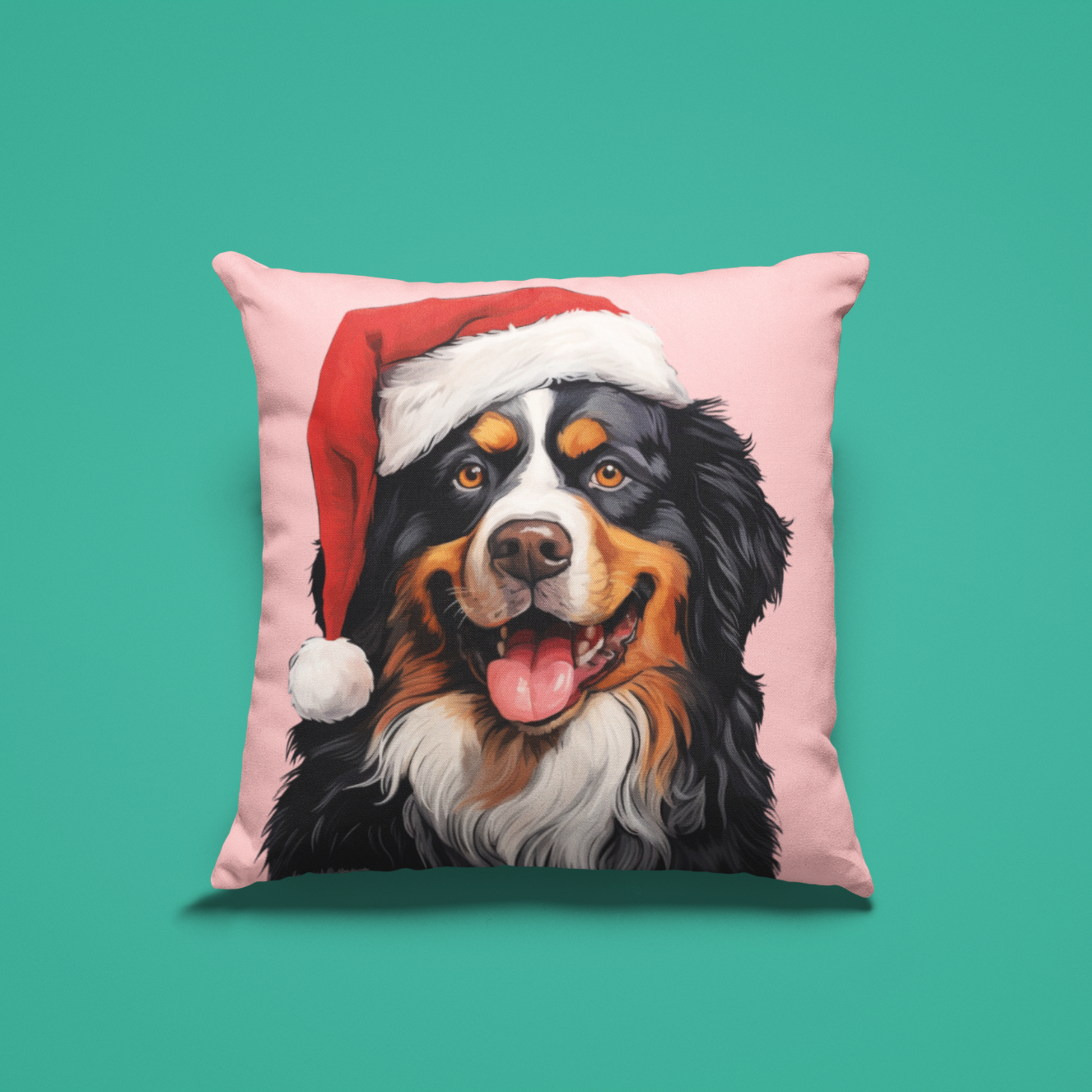 A festive Bernese Mountain Dog Christmas cushion cover featuring a beautiful Bernese Mountain Dog in a holiday setting, perfect for adding holiday charm to your home decor.