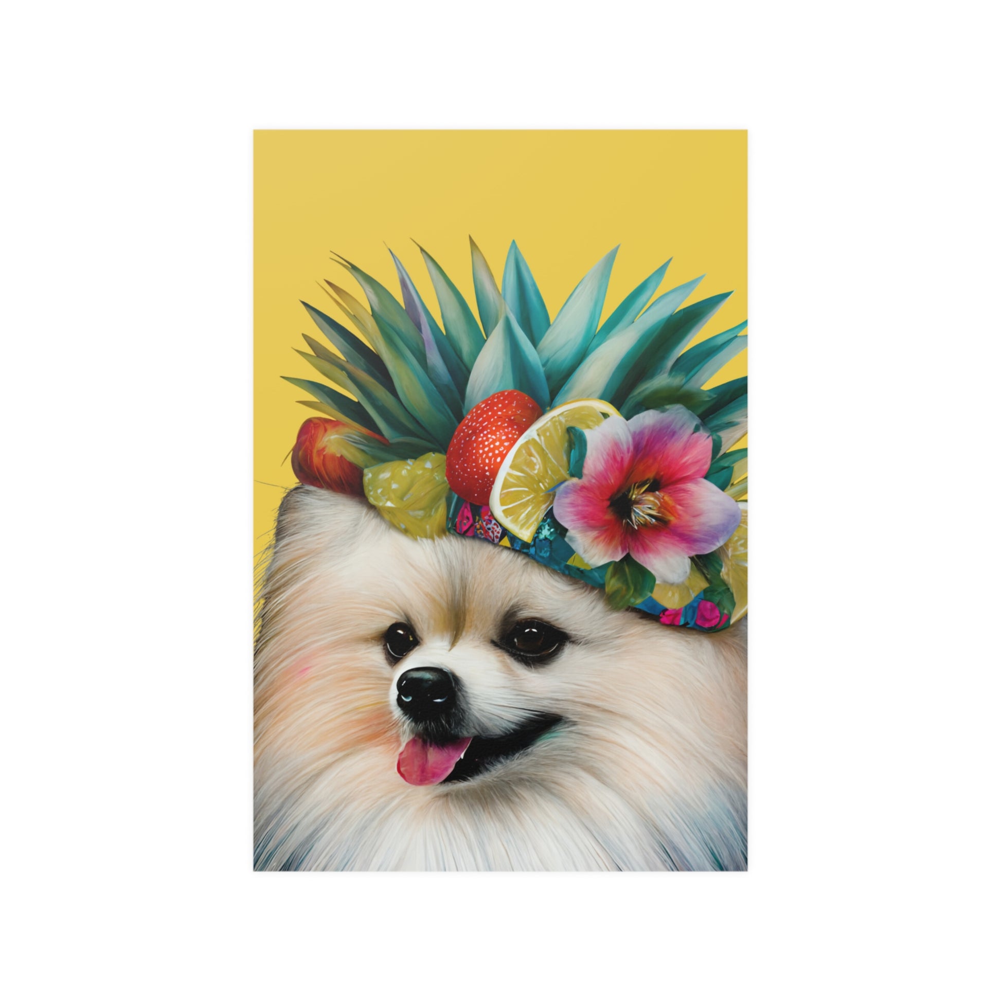 A brightly colored Pomeranian dog illustrated with a kaleidoscope of vibrant hues, set against a vivid yellow background on a high-quality poster print.