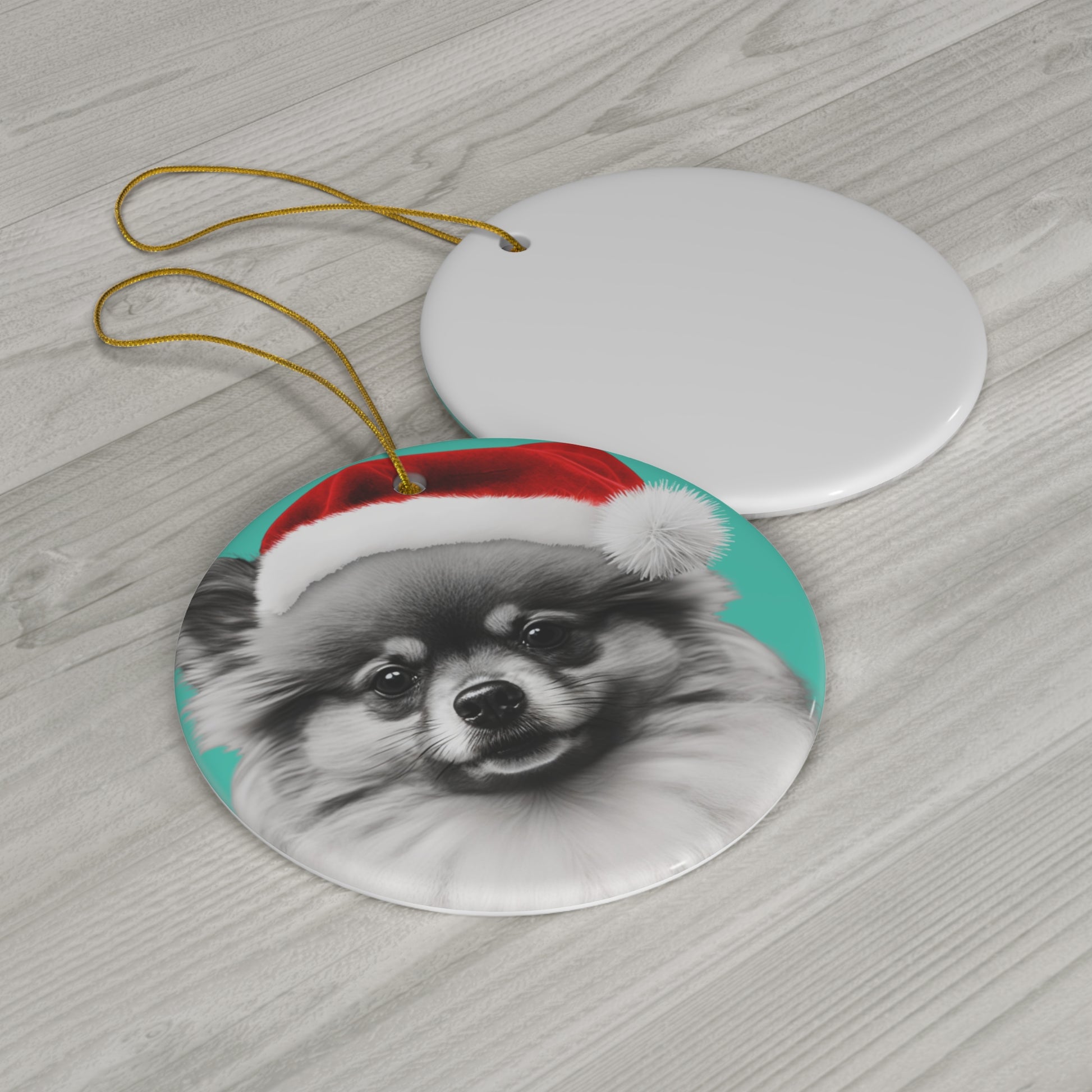 A charming Christmas tree ornament shaped like a Pomeranian, complete with festive decorations, ready to bring holiday spirit to your home