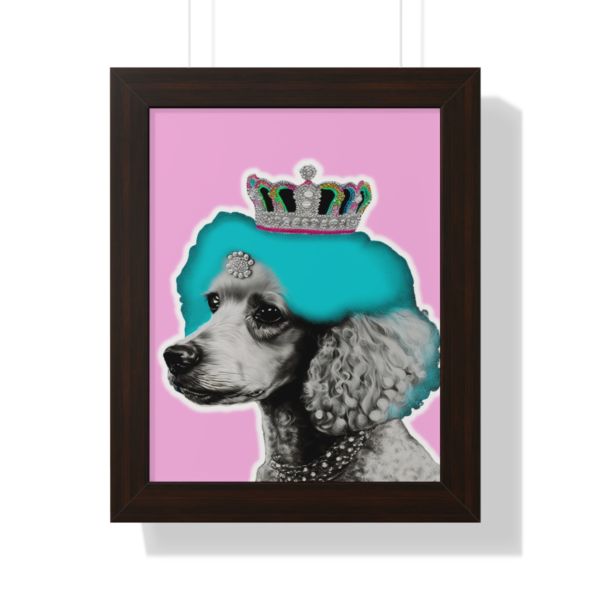 The 'Framed Crowned Pop Art Poodle Print on Pink' features a vibrant and colorful depiction of a poodle with a crown in pop art style, set within a choice of walnut, white, or black frames, adding an elegant and modern touch to home decor.