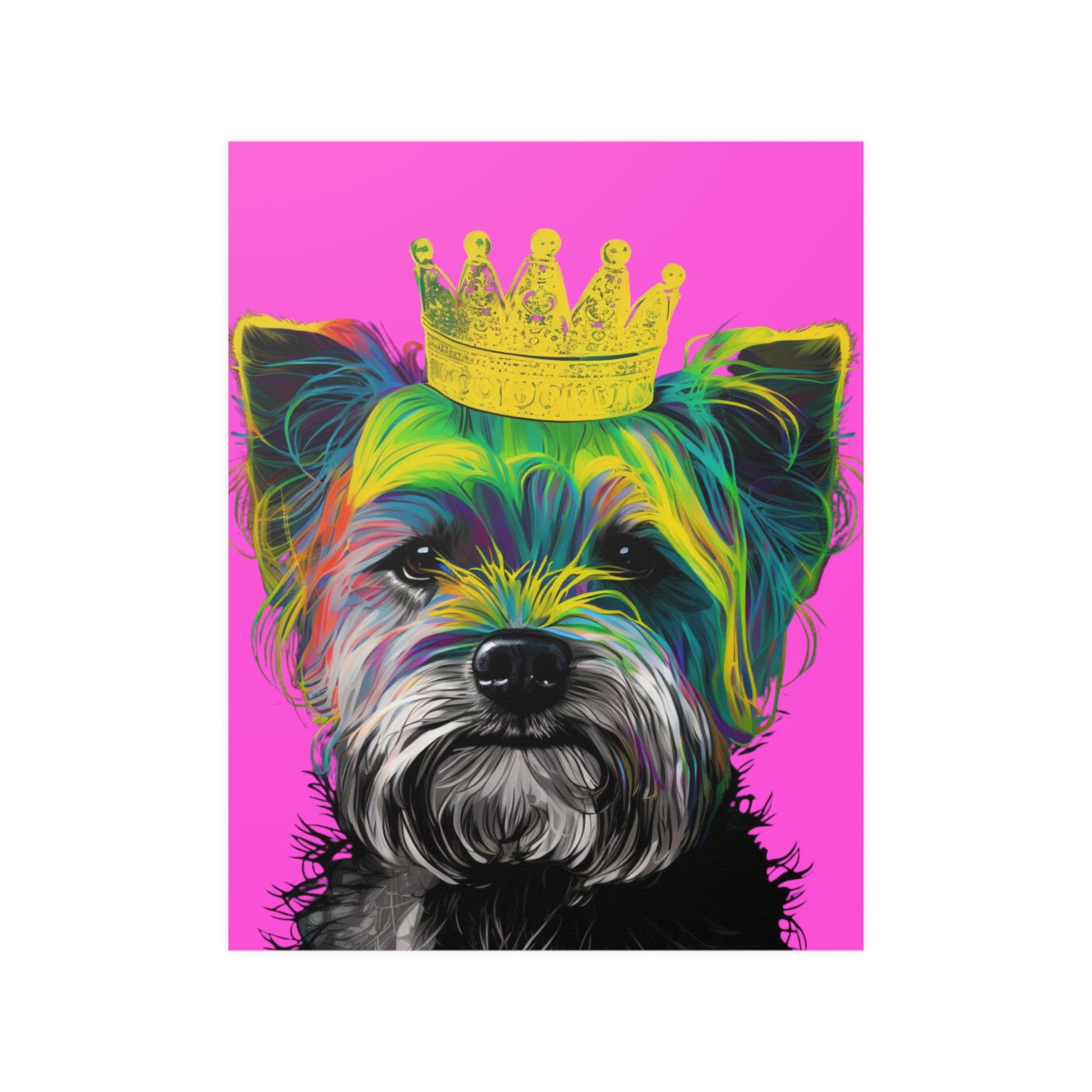 Eye-catching poster featuring a vibrant purple Pop Art depiction of a Yorkshire Terrier. The bold and playful design highlights the spirited personality of the Yorkie, making it a perfect artistic statement for any dog lover's home decor.