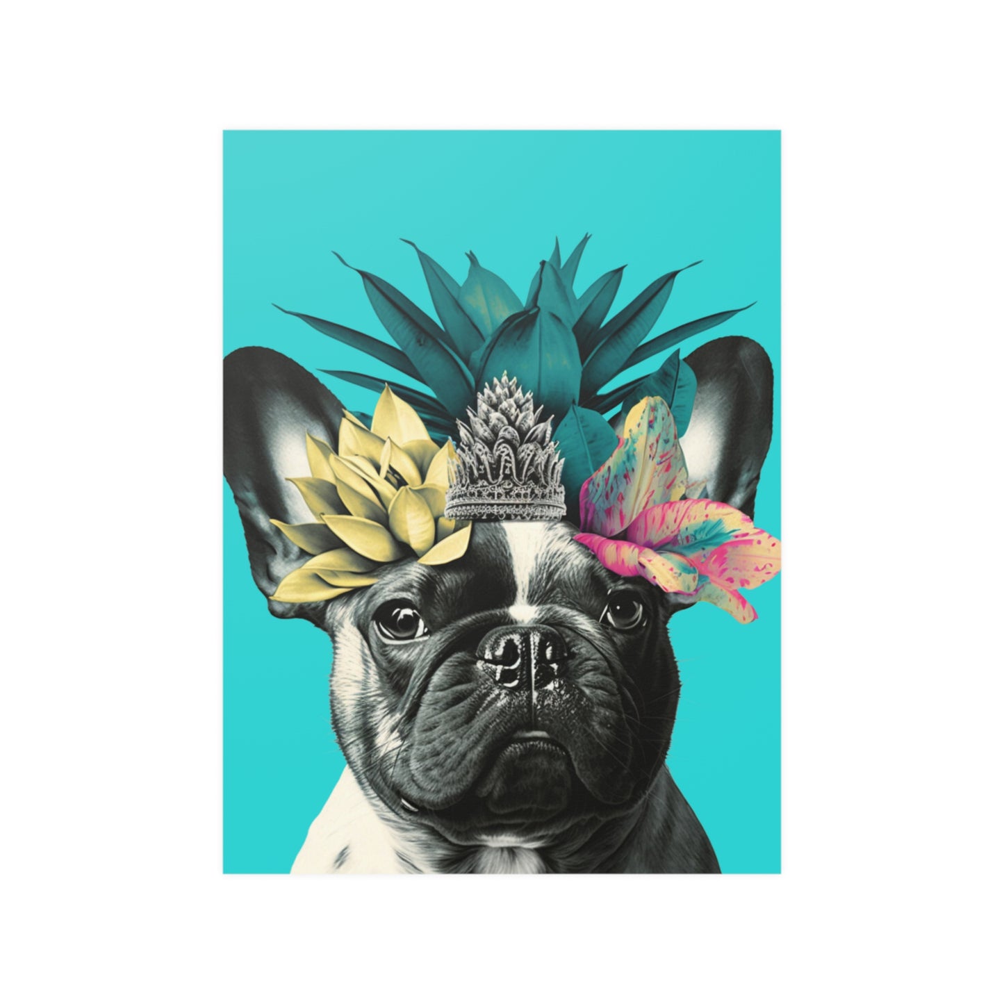 A French Bulldog with a crown of tropical flowers sits against a bright blue background, evoking a cheerful and summery island atmosphere.