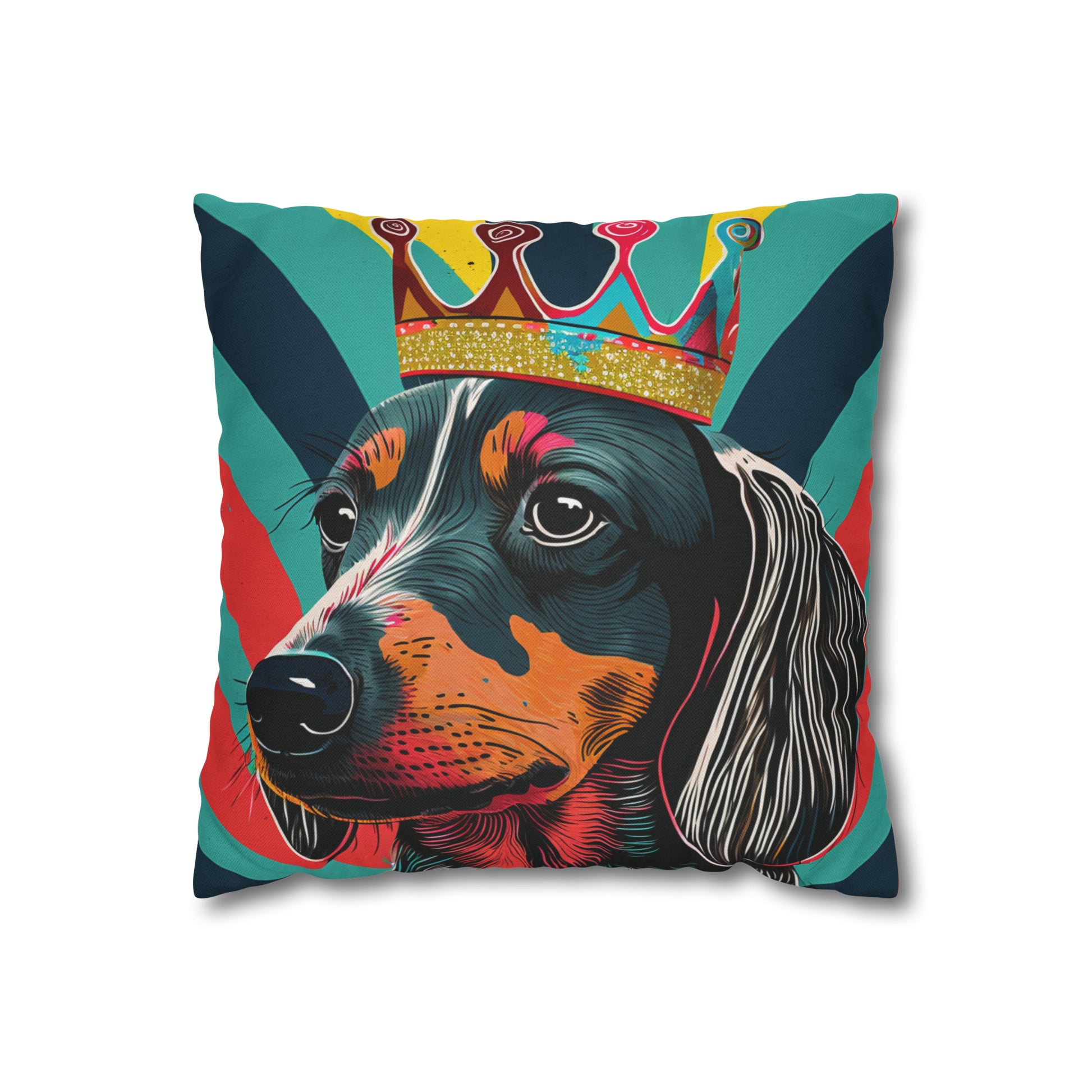 Pop Art Crowned Dachshund on Stripes cushion cover - A vibrant and artistic home decor accent featuring a colorful dachshund wearing a crown against a detailed striped background.