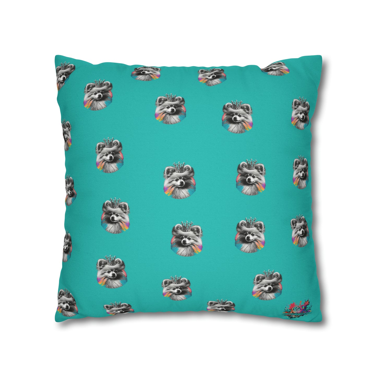 Black and White Pomeranian with Colours on Blue Cushion Cover