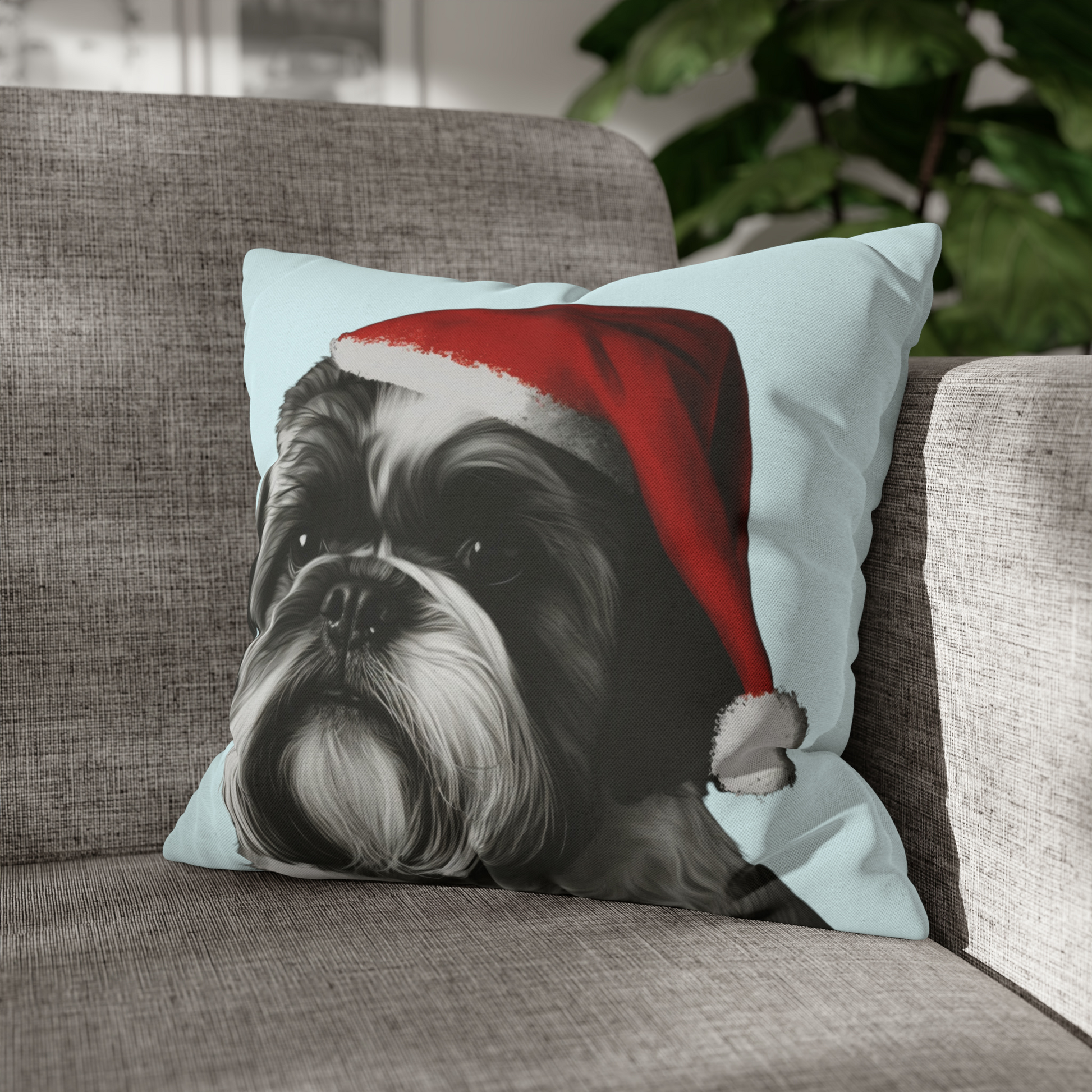 A festive Shih Tzu on a baby blue Christmas cushion cover, featuring an adorable Shih Tzu dog surrounded by holiday elements, perfect for adding seasonal charm to your home decor.