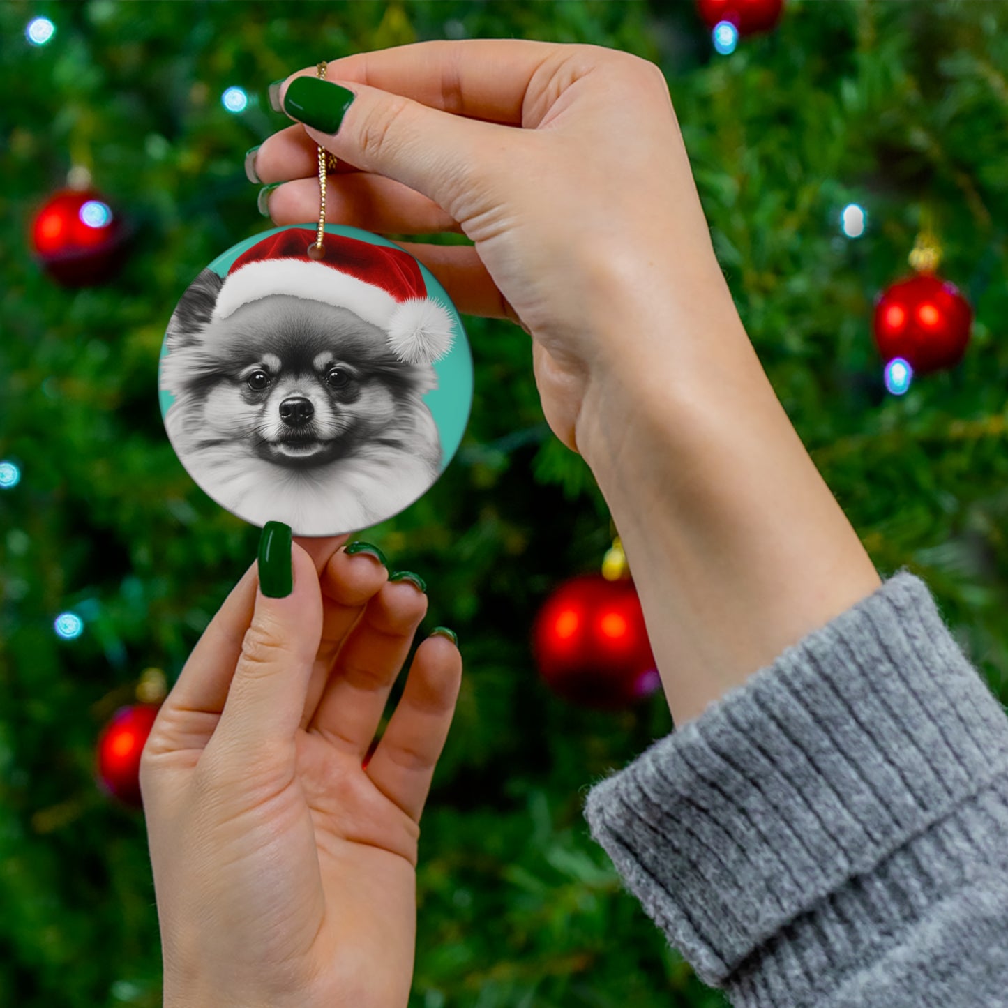 A charming Christmas tree ornament shaped like a Pomeranian, complete with festive decorations, ready to bring holiday spirit to your home