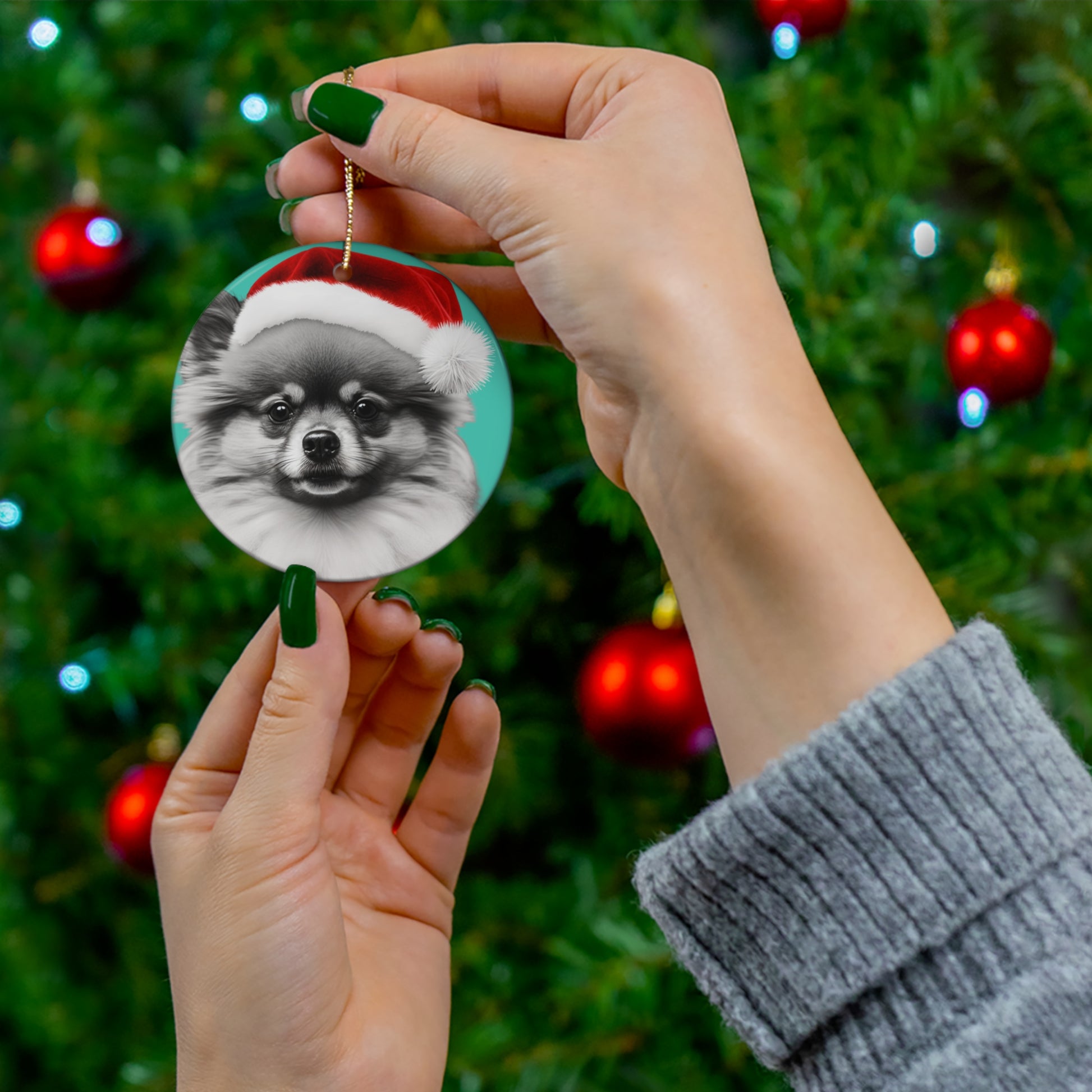 A charming Christmas tree ornament shaped like a Pomeranian, complete with festive decorations, ready to bring holiday spirit to your home