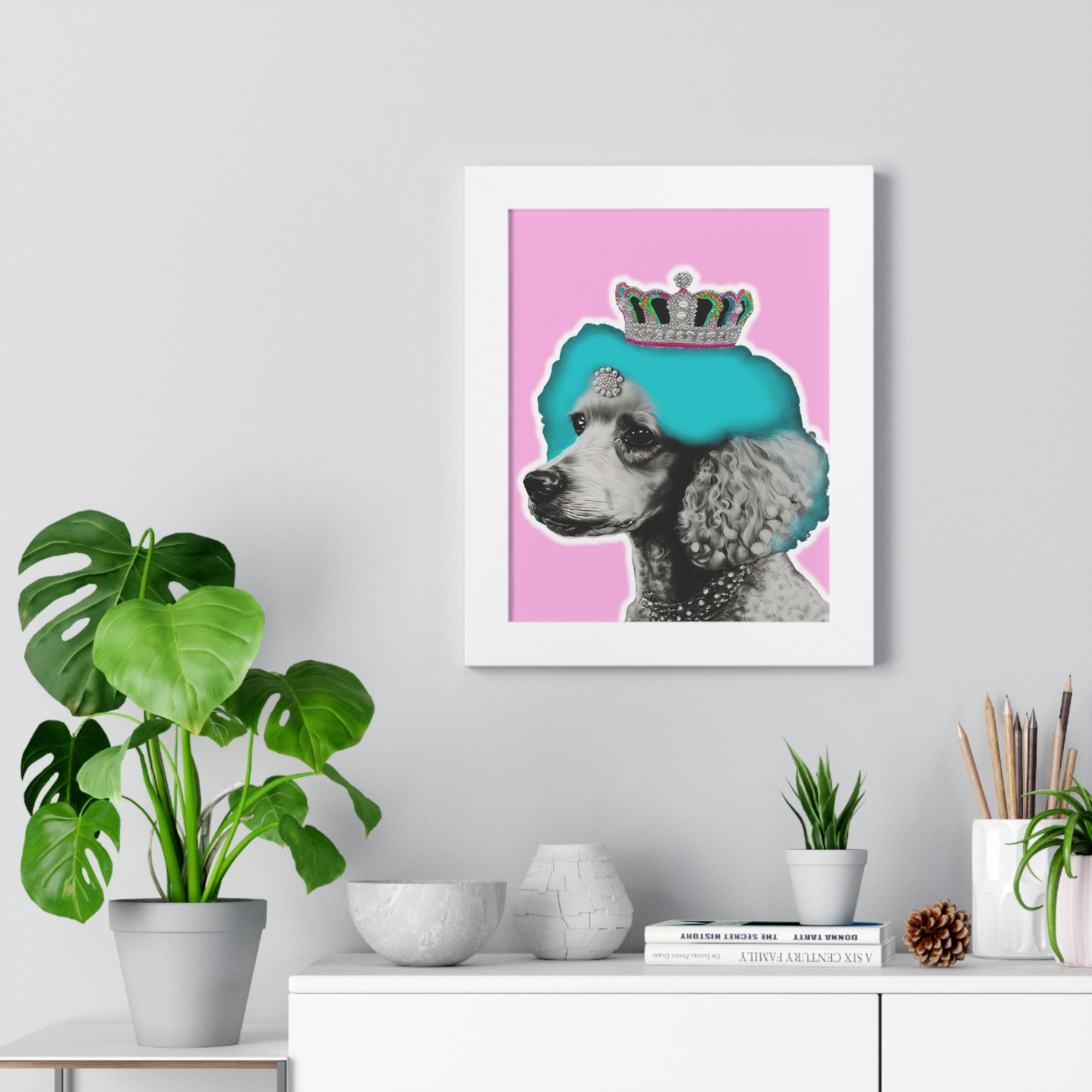 Framed Crowned Pop Art Poodle Print on Pink - Choose Walnut, White, or Black Frame