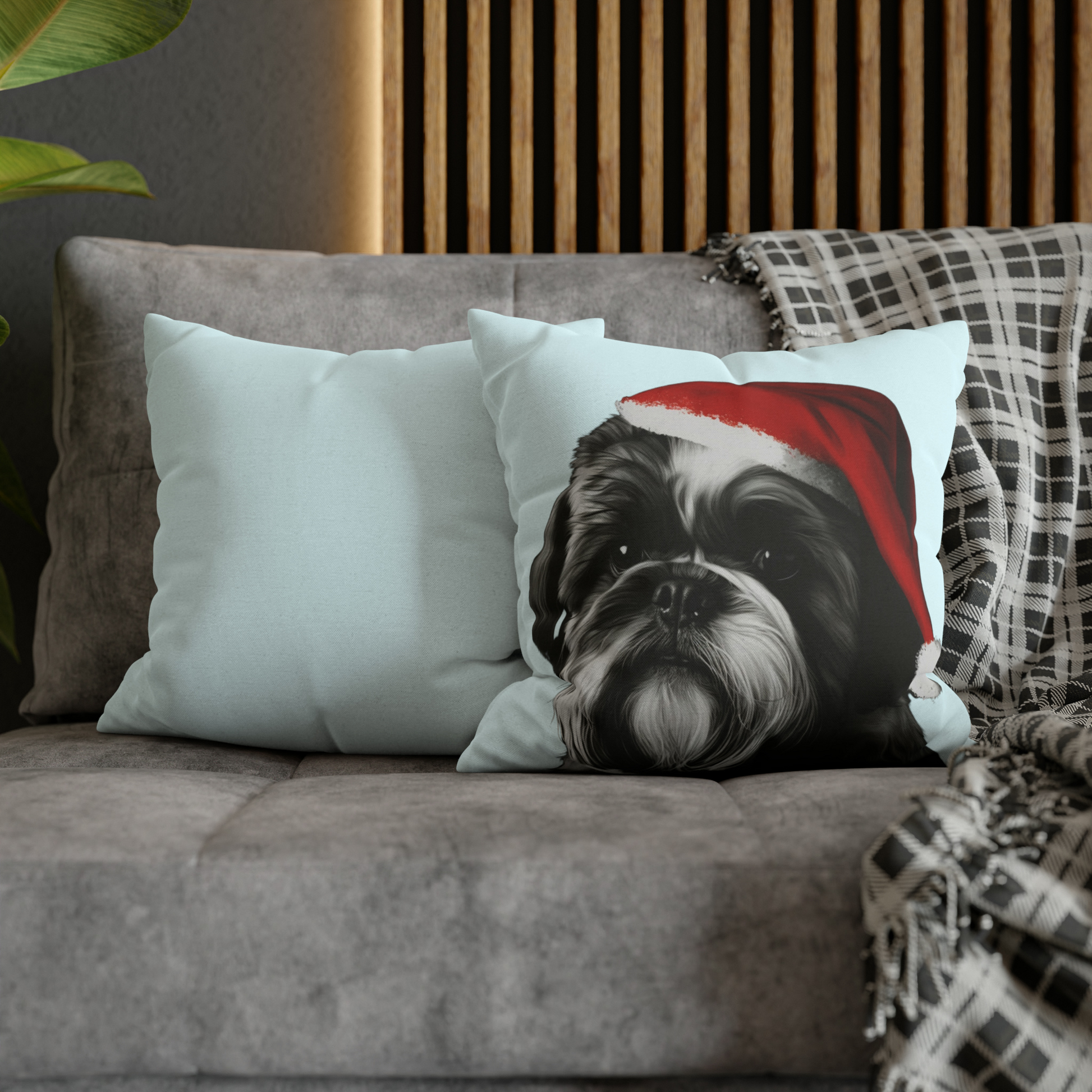 A festive Shih Tzu on a baby blue Christmas cushion cover, featuring an adorable Shih Tzu dog surrounded by holiday elements, perfect for adding seasonal charm to your home decor.