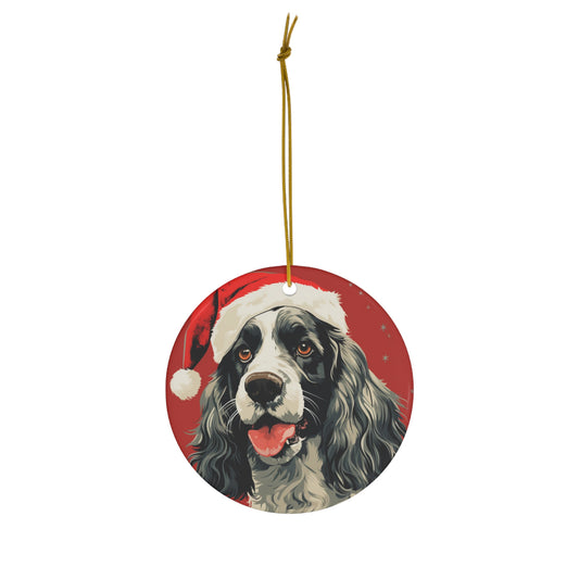 A festive Christmas tree ornament featuring a colorful PopArt Cocker Spaniel on a red and turquoise background, available in circle or square shapes, perfect for holiday decoration.