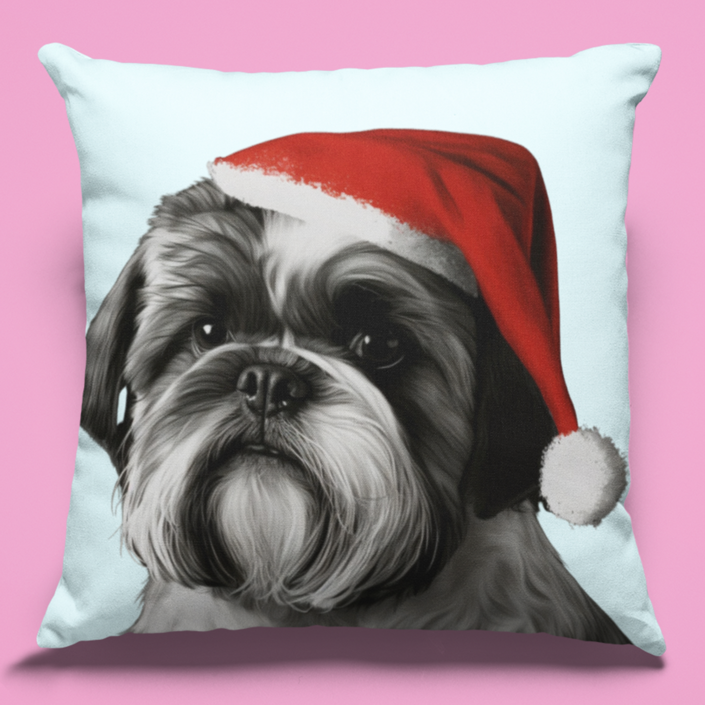 A festive Shih Tzu on a baby blue Christmas cushion cover, featuring an adorable Shih Tzu dog surrounded by holiday elements, perfect for adding seasonal charm to your home decor.