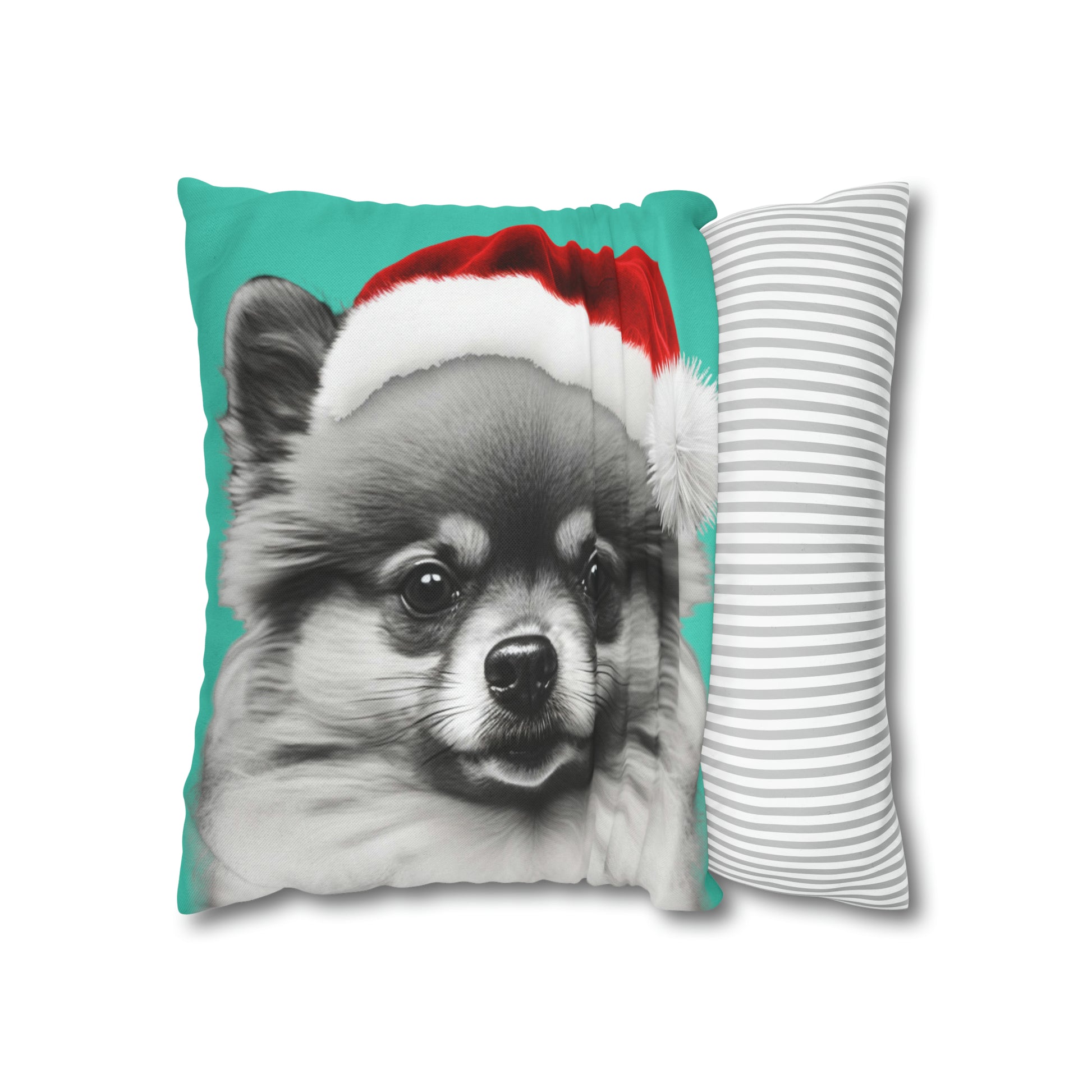 A festive cushion cover showcasing a joyful Pomeranian in holiday attire, perfect for adding a touch of canine cheer to any room.