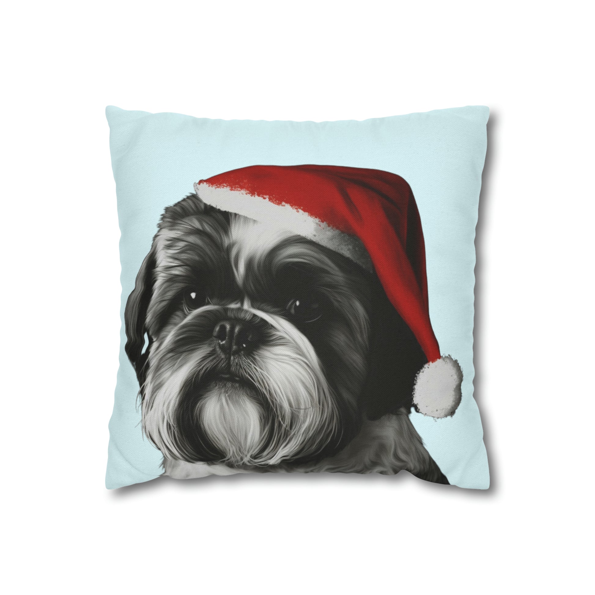 A festive Shih Tzu on a baby blue Christmas cushion cover, featuring an adorable Shih Tzu dog surrounded by holiday elements, perfect for adding seasonal charm to your home decor.