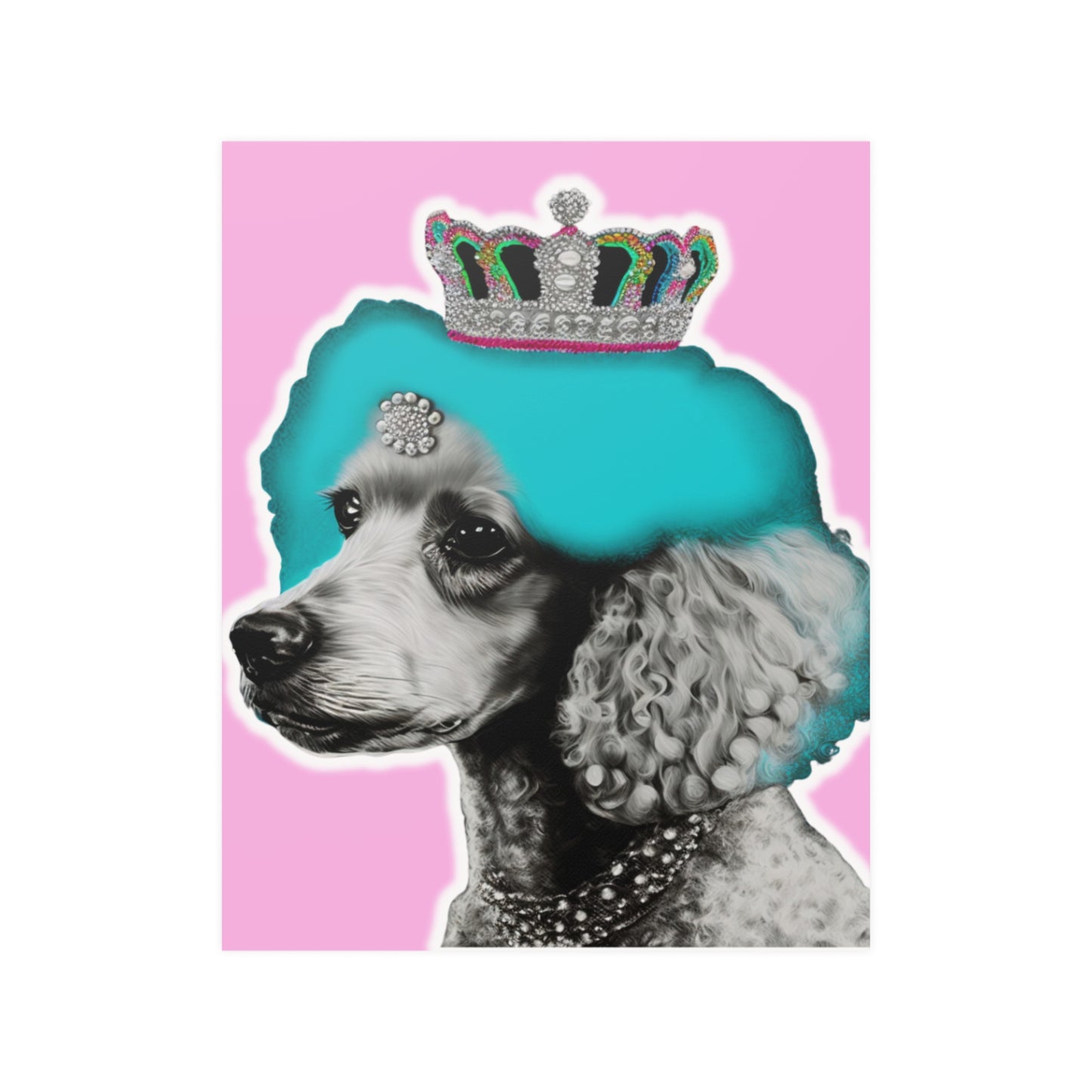 The 'Crowned Poodle on Pink Poster' features an elegant and whimsical illustration of a poodle with a crown, set against a soft pink background. This chic and stylish wall art adds sophistication and a playful touch to any room decor