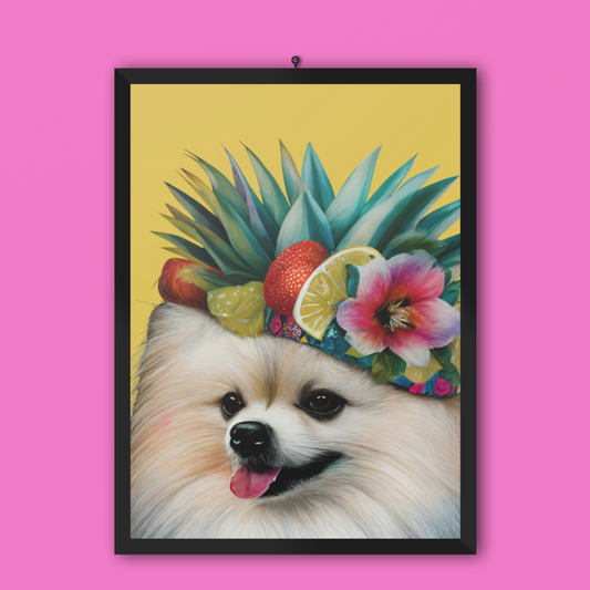 A brightly colored Pomeranian dog illustrated with a kaleidoscope of vibrant hues, set against a vivid yellow background on a high-quality poster print.