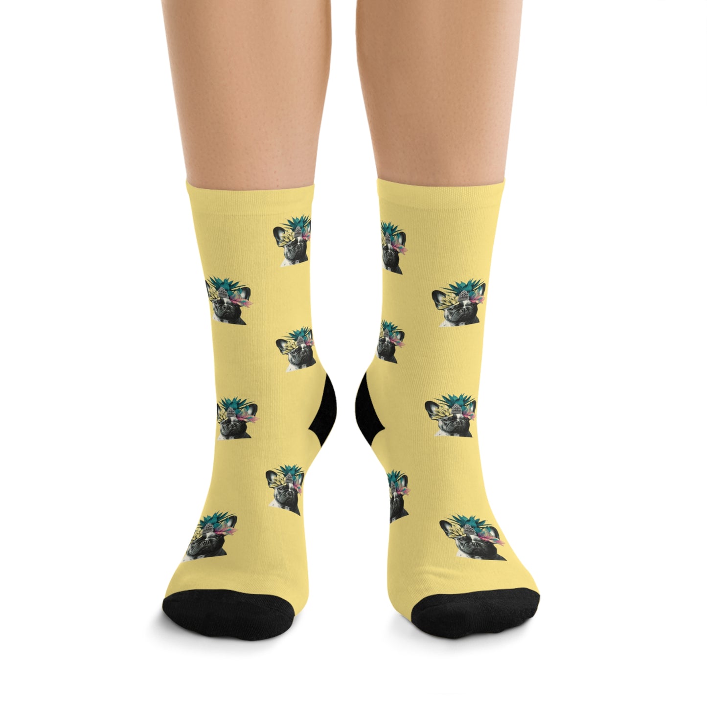 A pair of sunny yellow novelty socks featuring an adorable French Bulldog 