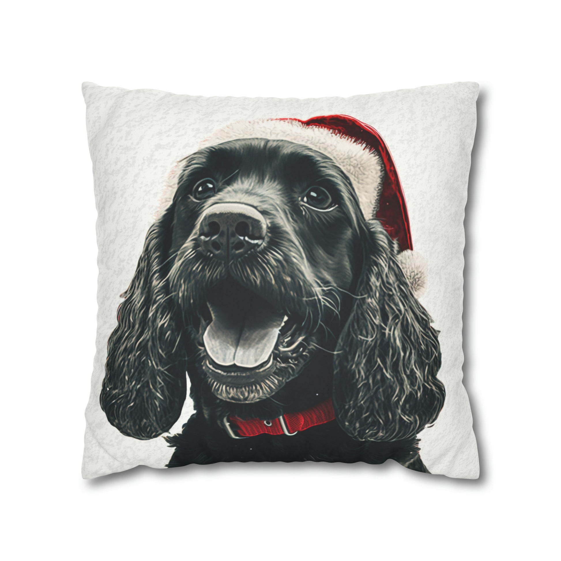 A luxurious faux suede Christmas cushion cover featuring a charming illustration of a cocker spaniel in festive holiday attire, set against a background of classic Christmas motifs like snowflakes and presents. The cushion cover displays vibrant colors, mainly red, green, and white, symbolizing traditional Christmas cheer