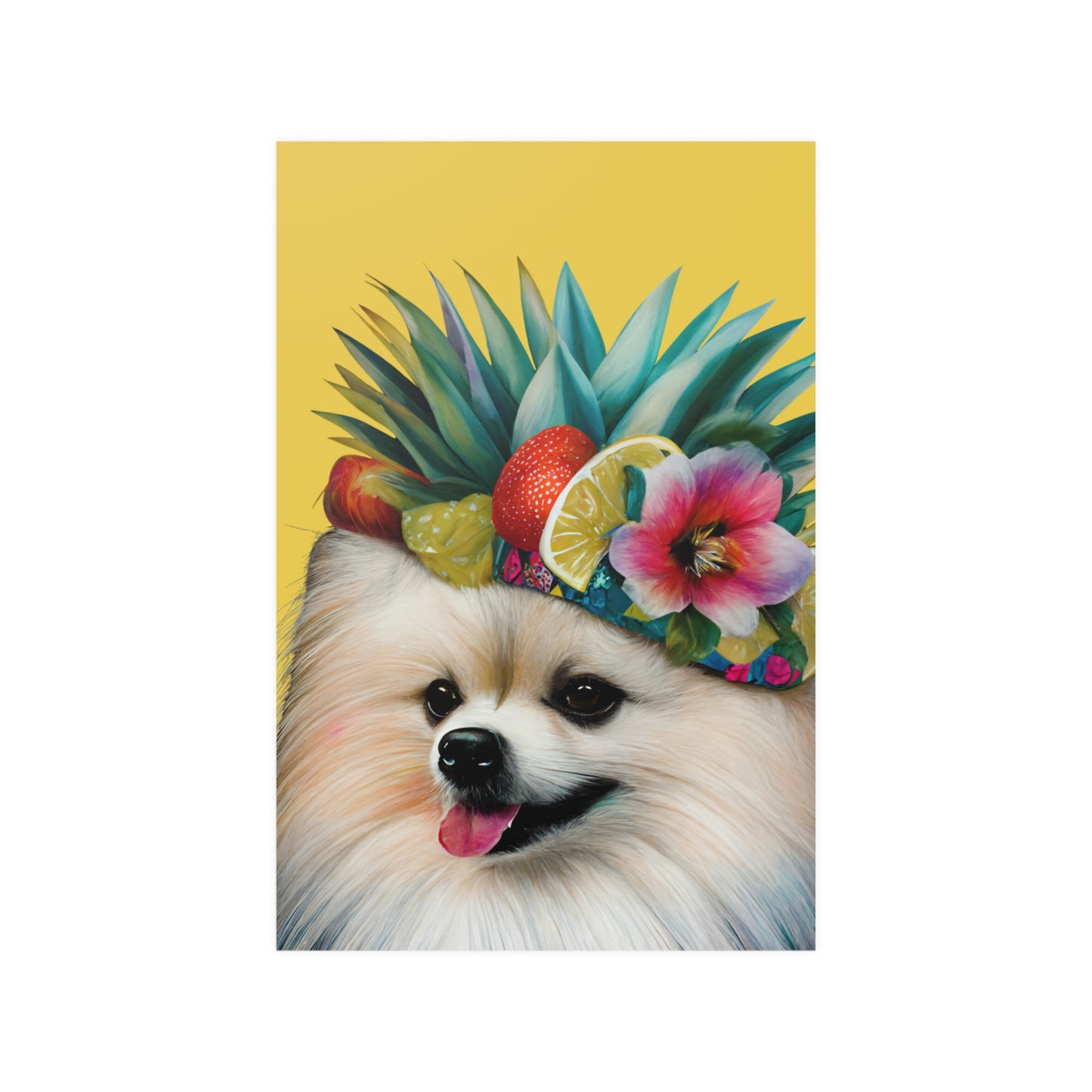 A brightly colored Pomeranian dog illustrated with a kaleidoscope of vibrant hues, set against a vivid yellow background on a high-quality poster print.