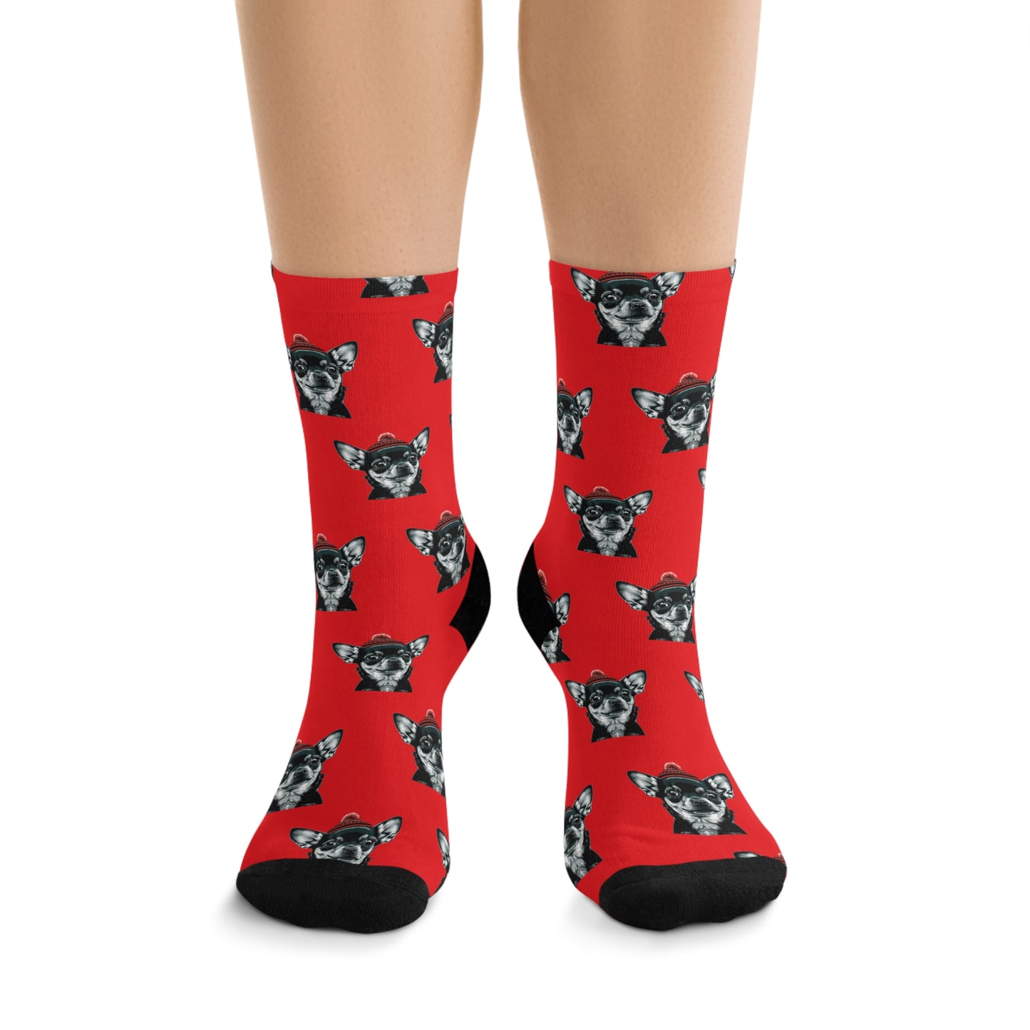  Charming Chihuahua Xmas Socks on Festive Red - Adorable holiday socks featuring a festive Chihuahua design on a cheerful red background, perfect for adding a touch of holiday cheer to your outfit.