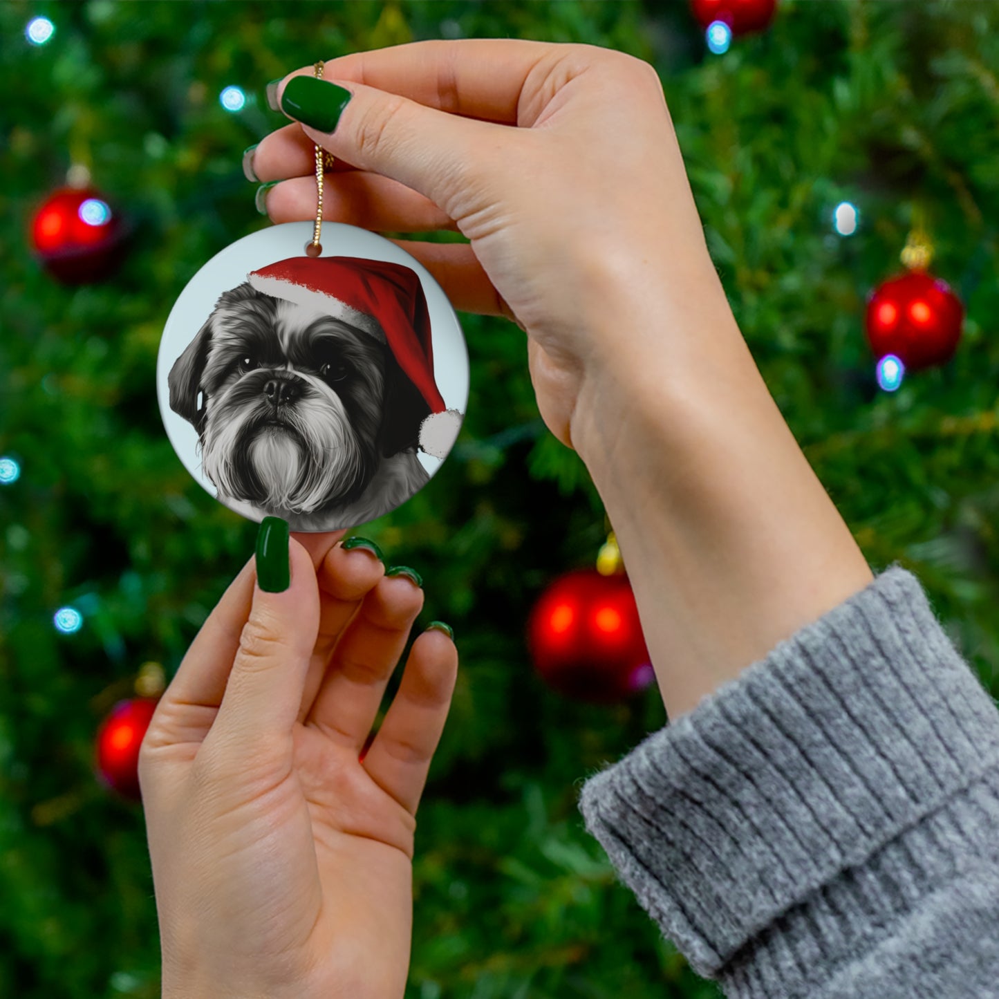 A delightful Shih Tzu on a blue Christmas tree ornament, available in both circle and heart shapes, perfect for adding a touch of holiday charm to your Christmas tree decoration.