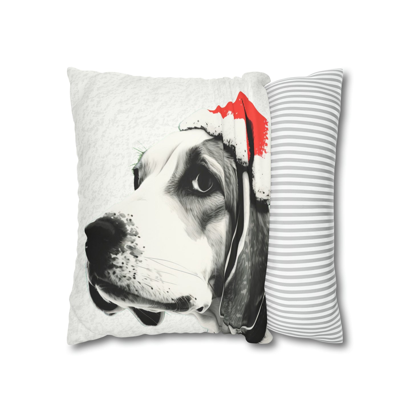 A cozy and festive white faux suede cushion cover featuring a charming Beagle in a Christmas setting. The cover is adorned with a joyful Beagle illustration surrounded by holiday motifs, capturing the essence of Christmas spirit and the playful nature of the beloved dog breed