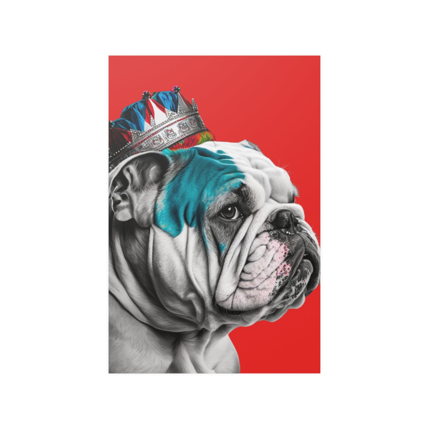 A PopArt style poster featuring a British Bulldog wearing a crown against a bold red background, creating a striking visual of regal canine charm.