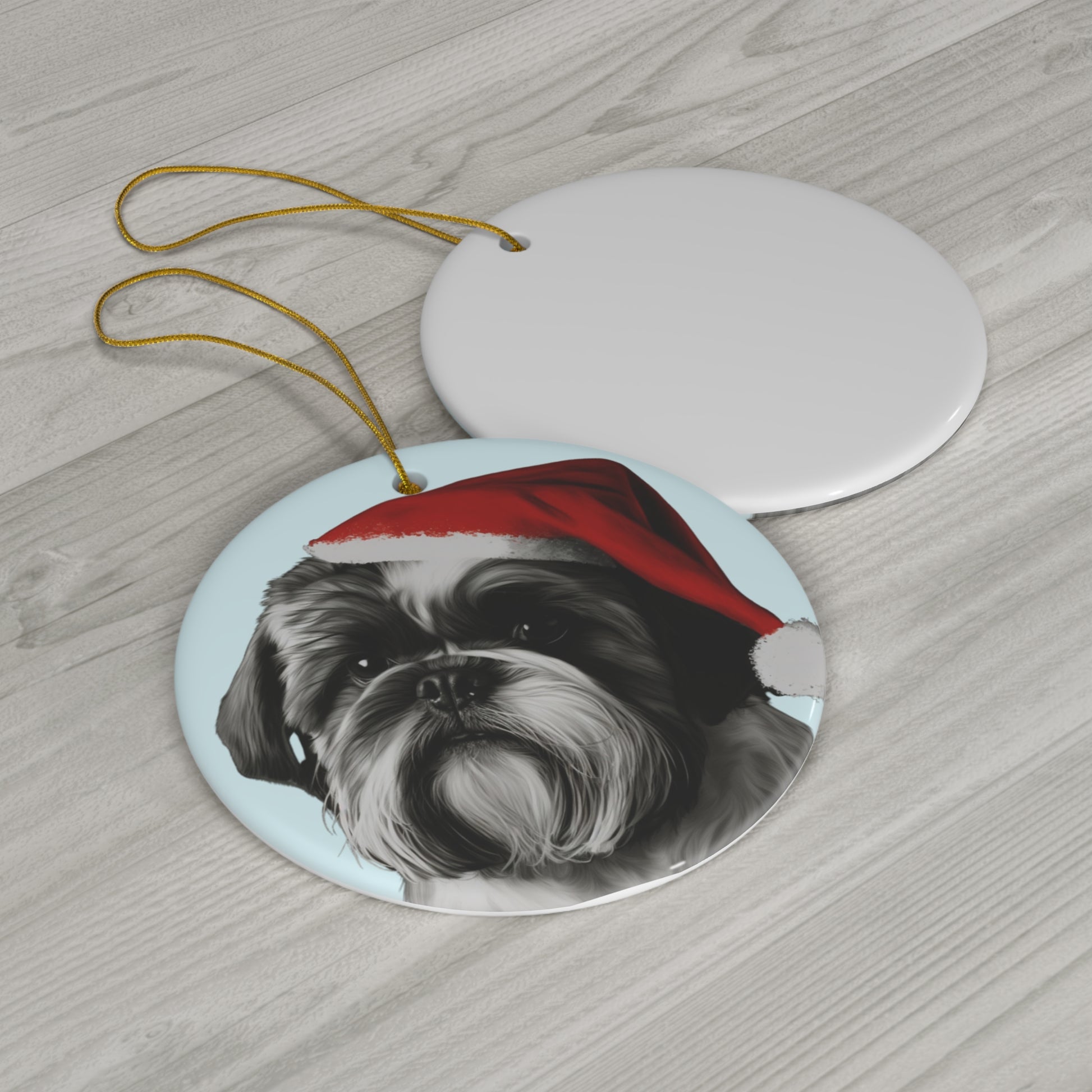 A delightful Shih Tzu on a blue Christmas tree ornament, available in both circle and heart shapes, perfect for adding a touch of holiday charm to your Christmas tree decoration.