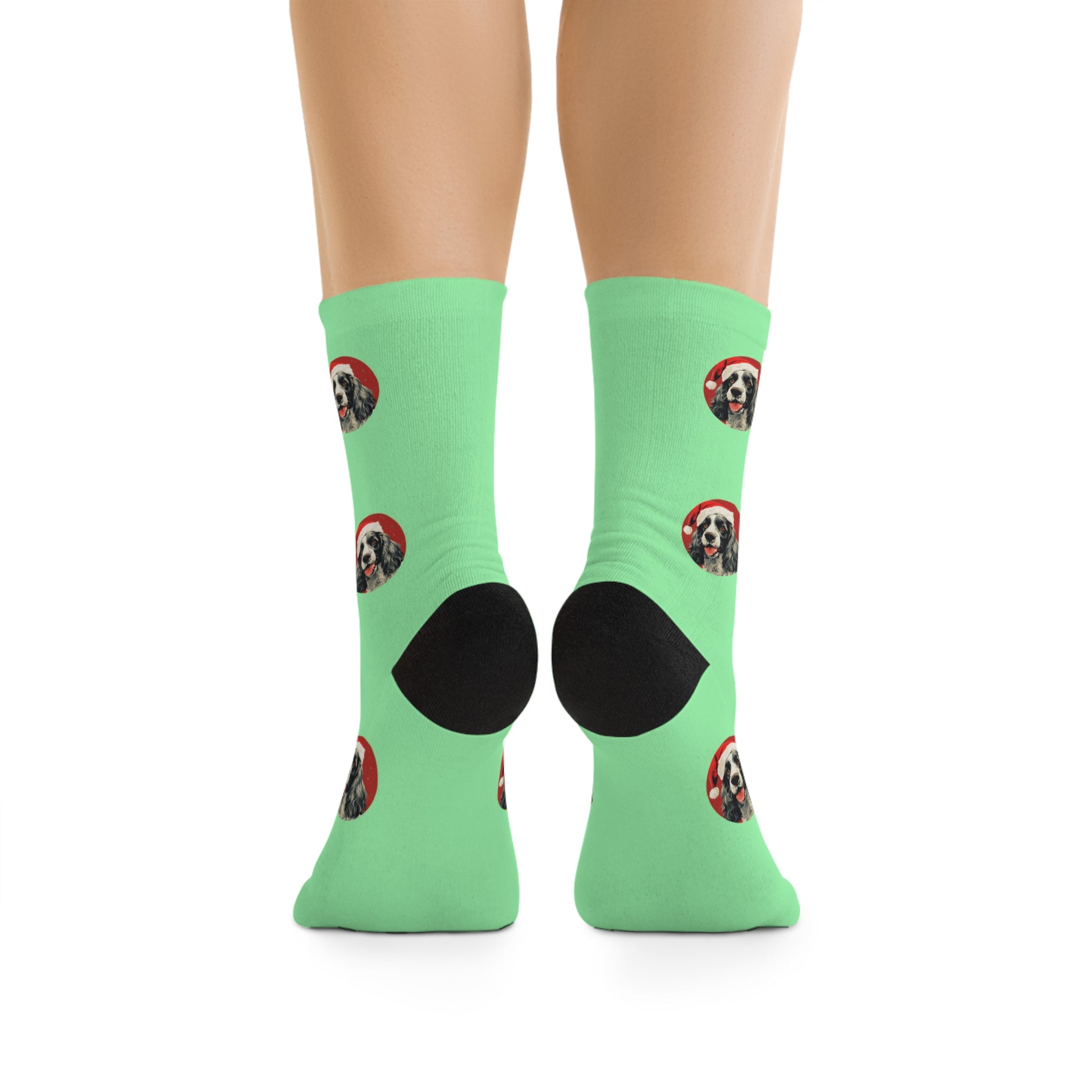 Festive novelty socks featuring a vibrant PopArt Cocker Spaniel on a red and turquoise background, perfect for adding playful and artistic charm to holiday outfits.