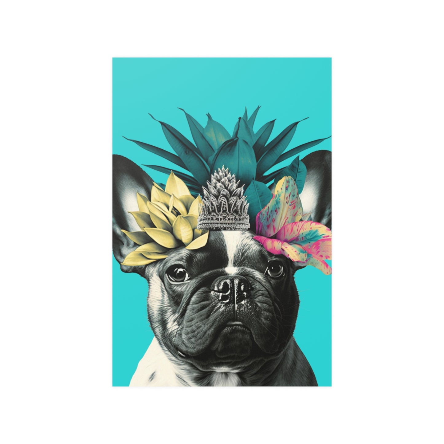 A French Bulldog with a crown of tropical flowers sits against a bright blue background, evoking a cheerful and summery island atmosphere.