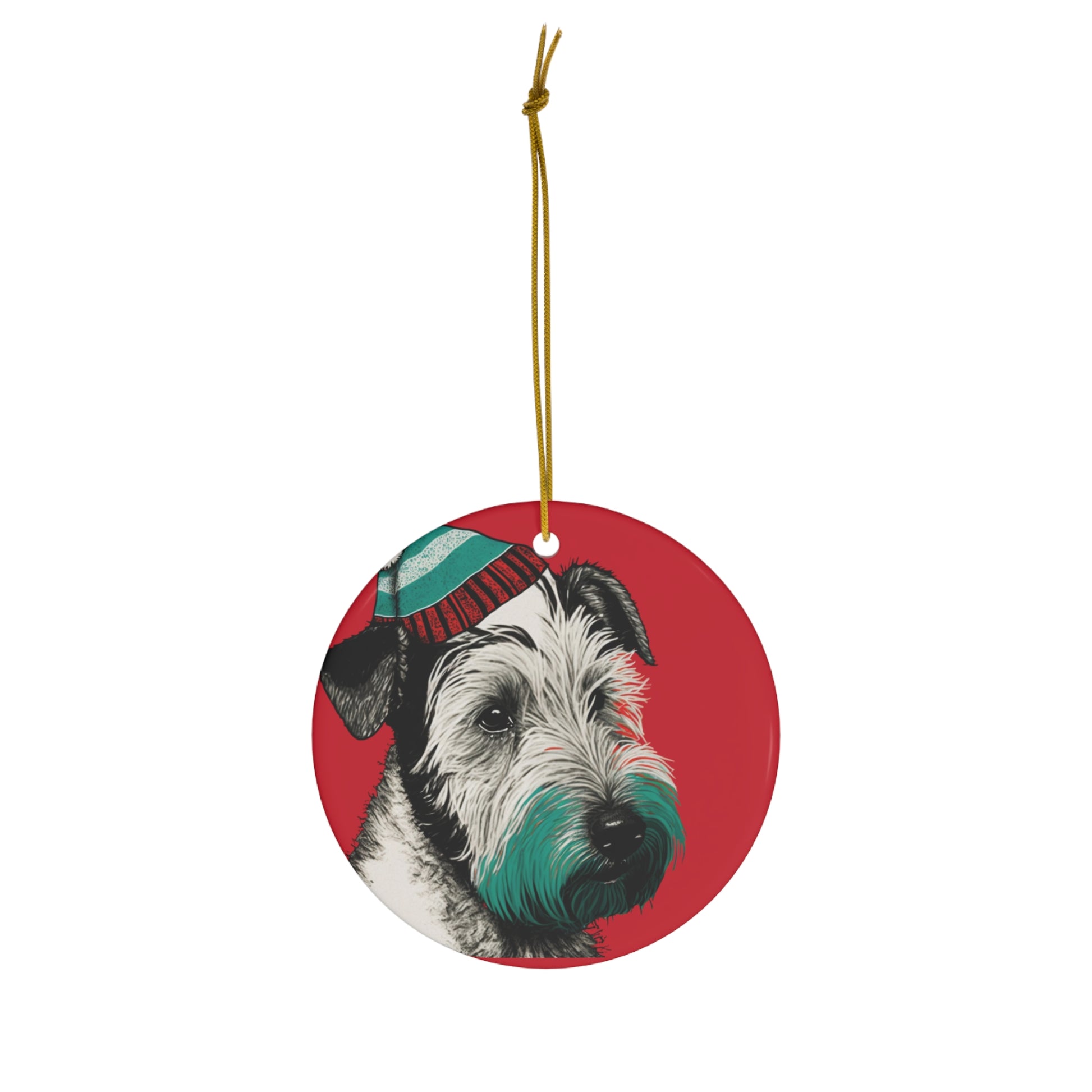 A hand-painted Terrier Christmas tree ornament featuring a cute terrier dog wearing a Santa hat, surrounded by Christmas lights, perfect for adding holiday charm to your Christmas tree decoration.