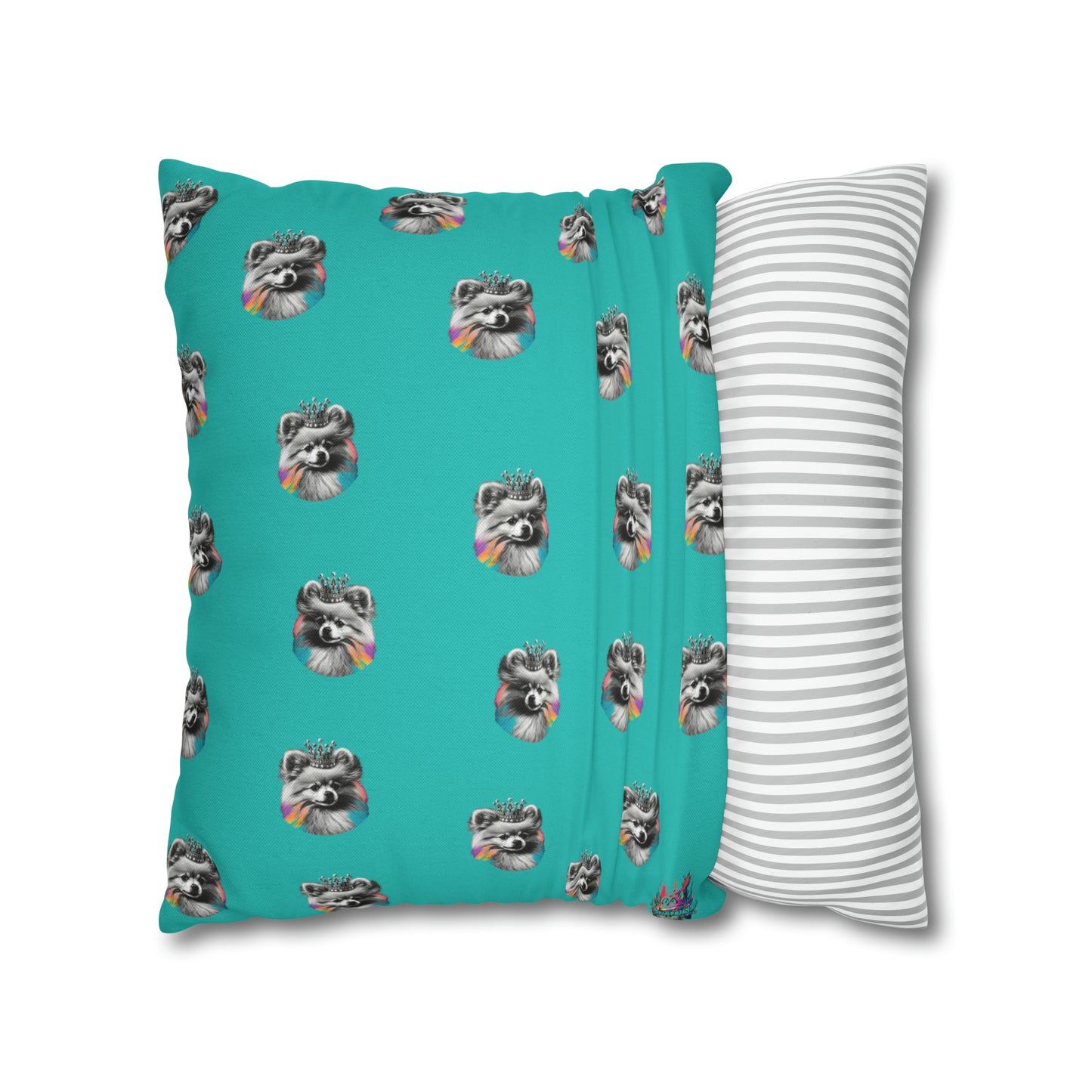 Black and White Pomeranian with Colours on Blue Cushion Cover